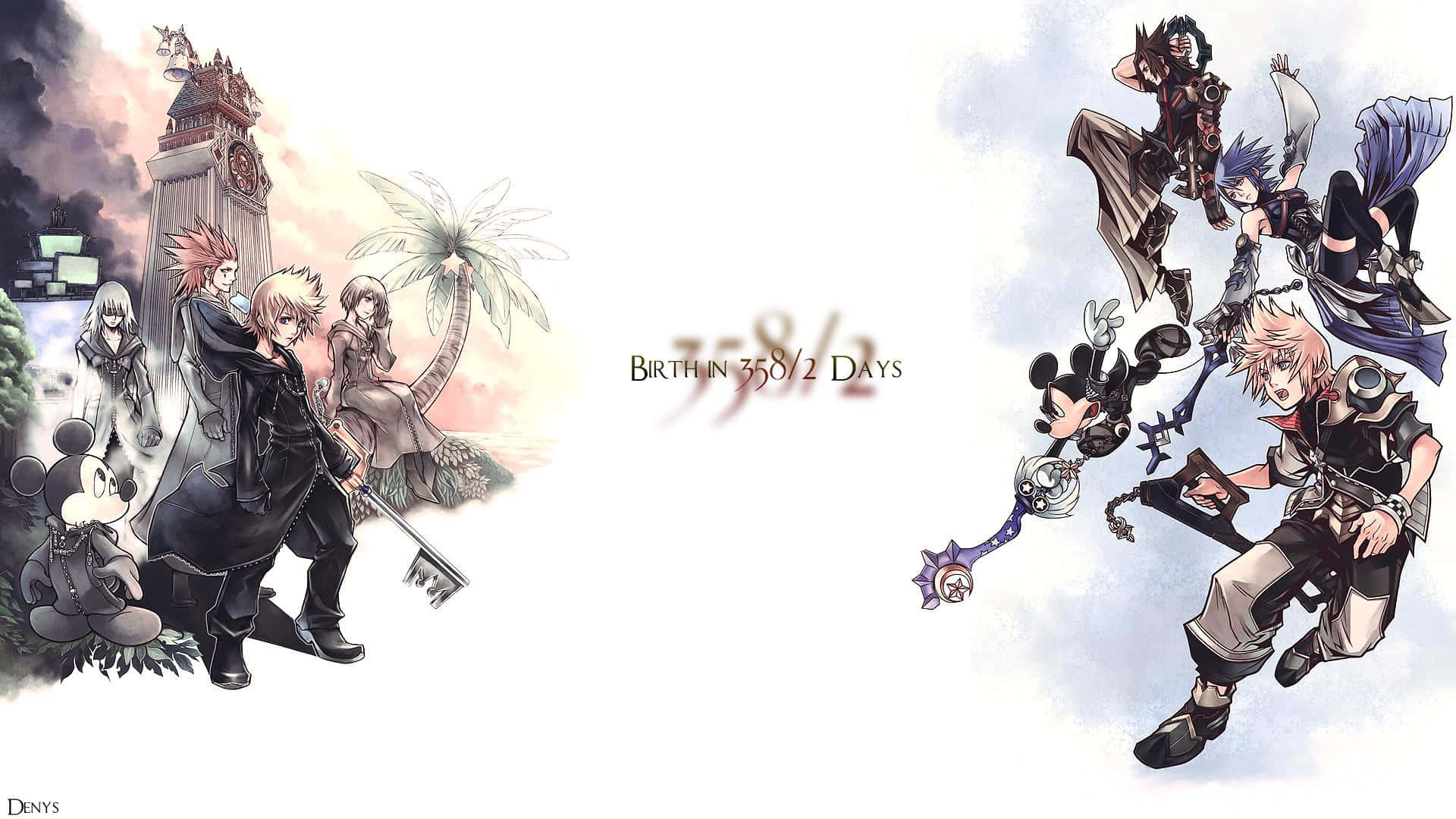 Kingdom Hearts Riku 桌布 壁紙 — 來自《王國之心》的動畫角色以動態姿勢站立，背景分為鐘樓和棕櫚樹，並有漂浮的米奇老鼠公仔。