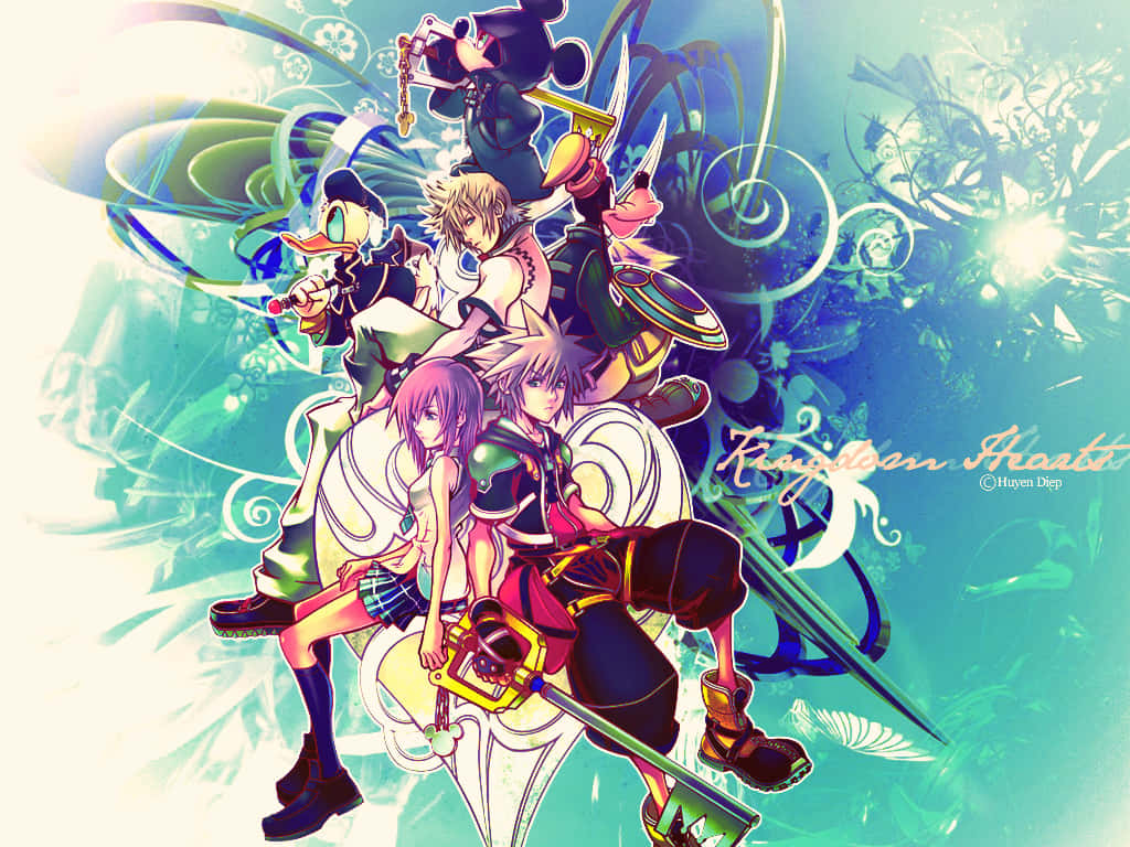 Kingdom Hearts Riku 桌布 壁紙 — 來自《王國之心》的鮮豔動漫角色在旋轉的青色和藍色魔法背景前動態擺姿勢。