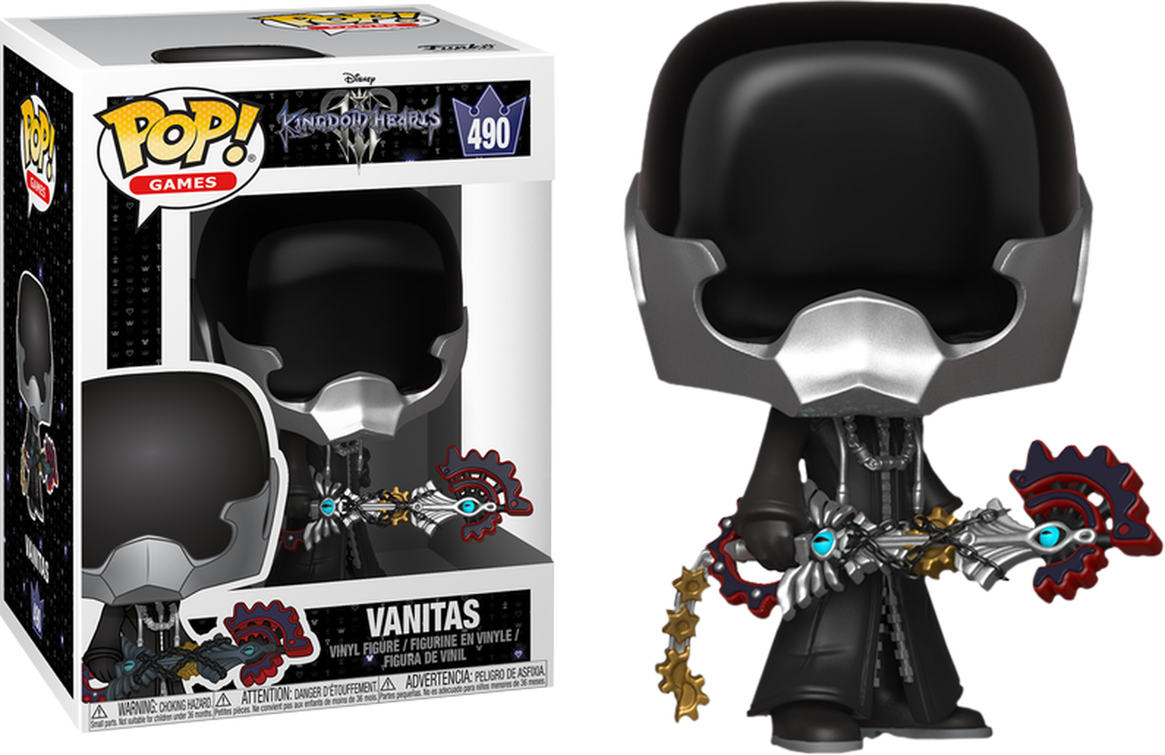 王國之心 桌布 壁紙 — 來自《王國之心》的黑銀色 Vanitas Funko Pop! 乙烯基人偶，手持精緻的鑰刃，展示在其原裝包裝旁。