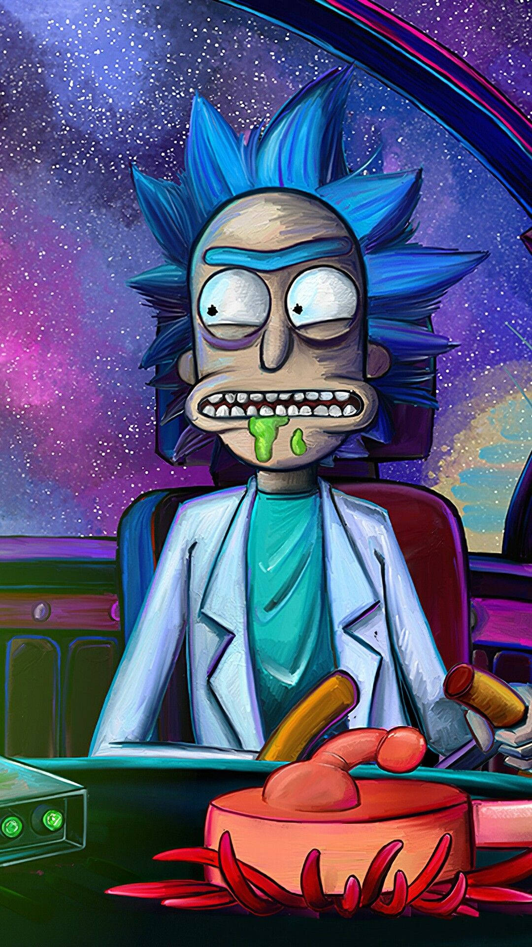 Rick And Morty Weed 桌布 壁紙 — 來自《瑞克和莫蒂》的瑞克·桑切斯坐在太空船駕駛艙內，綠色黏液從他嘴邊滴落，背景是宇宙星雲。
