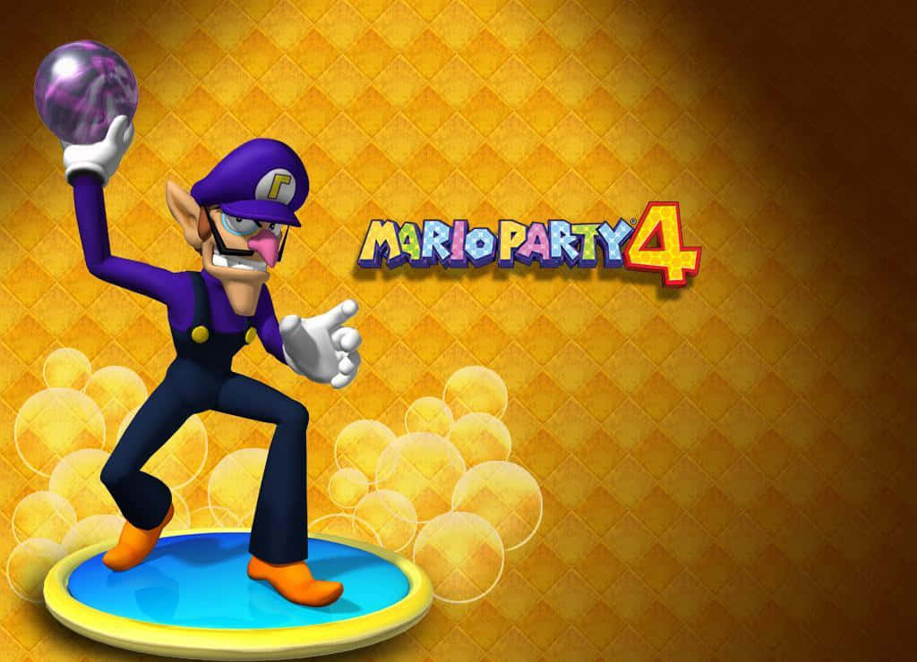 Waluigi 桌布 壁紙 — 來自《瑪利歐派對4》的瓦路易吉站在藍色平台上，手持紫色球體，背景為金色鑽石圖案。