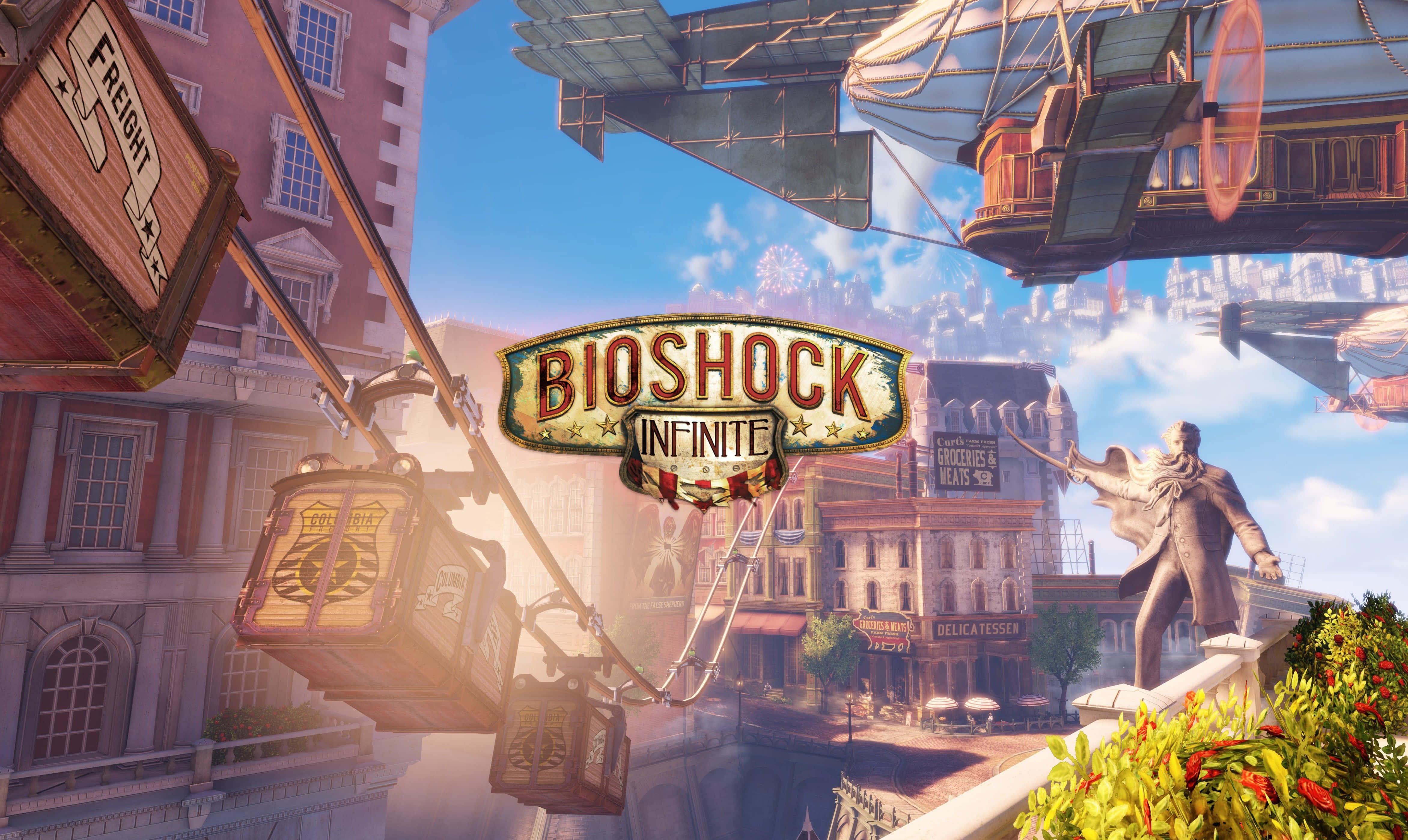 Best Bioshock Infinite 桌布 壁紙 — 來自《生化奇兵：無限》的充滿活力的蒸氣龐克城市景觀，有飛行的飛船和一座高聳的雕像，在明亮的藍天下。