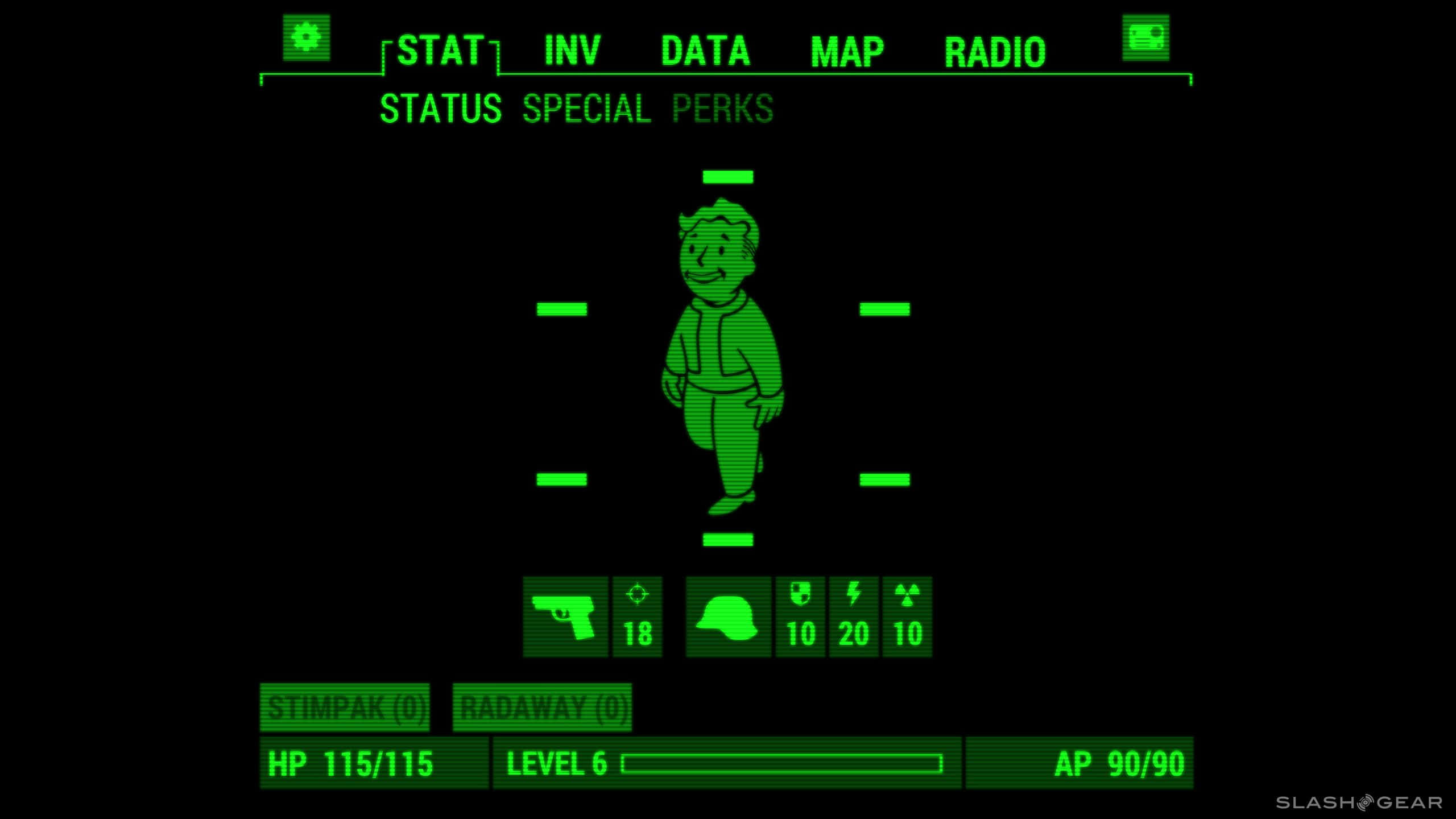 Vault-tec 桌布 壁紙 — 來自《異塵餘生》的綠色發光Pip-Boy介面，在黑色背景上顯示角色的統計數據和庫存。