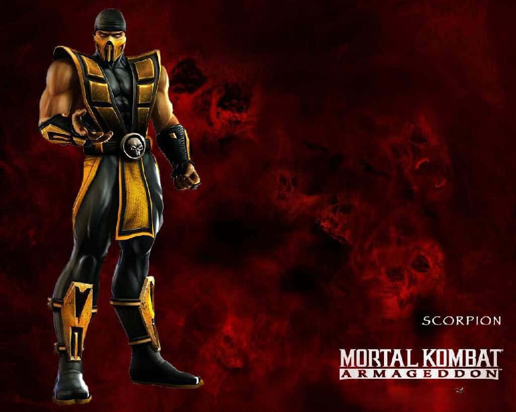Mortal Kombat Armageddon 桌布 壁紙 — 來自《真人快打：末日決戰》的Scorpion以戰鬥姿態站立，背景是帶有骷髏的火紅色背景。