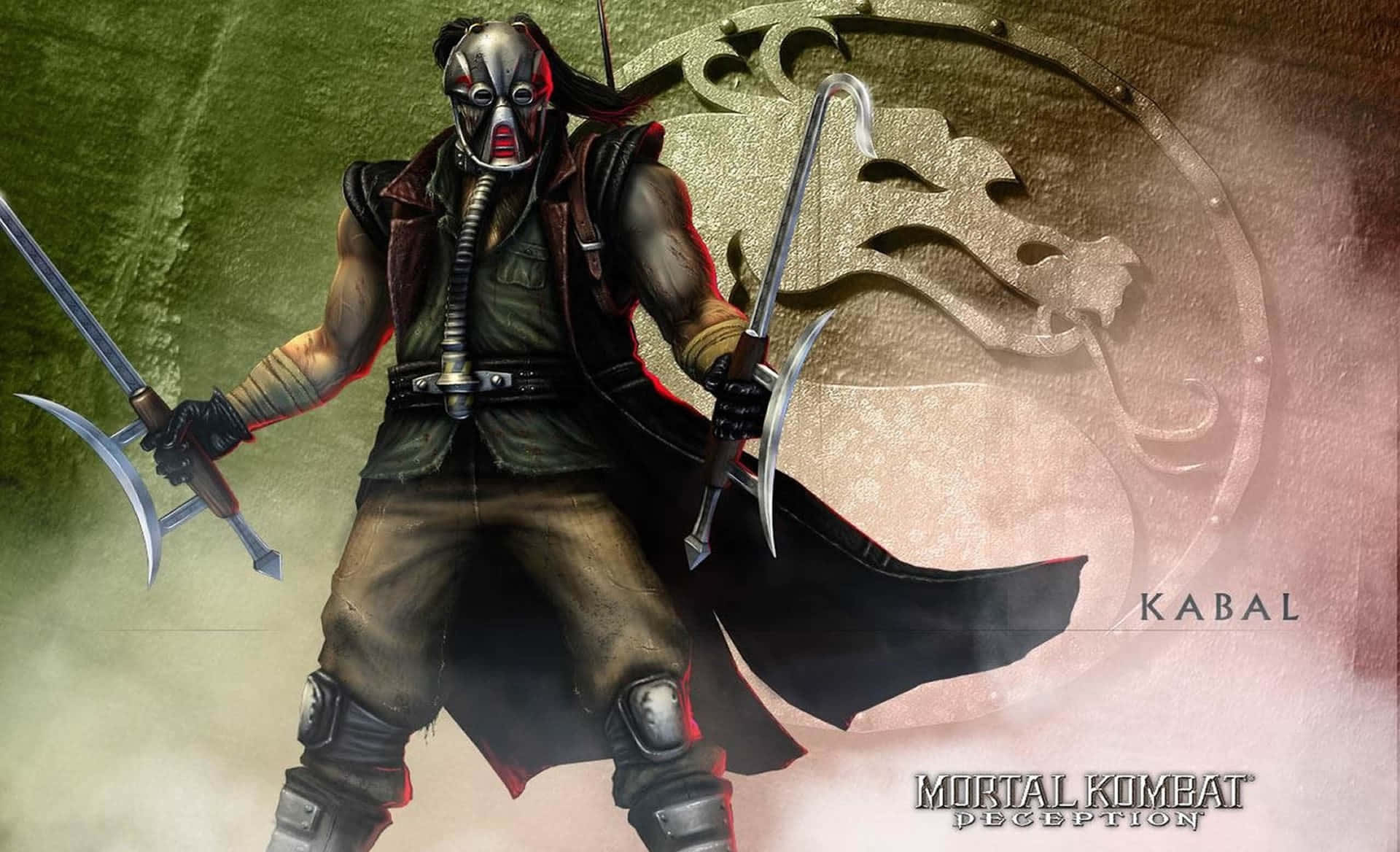 Mortal Kombat Kabal 桌布 壁紙 — 來自《真人快打：欺騙》的蒙面戰士卡巴爾，手持雙刀，在綠色和金色的龍徽背景前威風凜凜地站立。