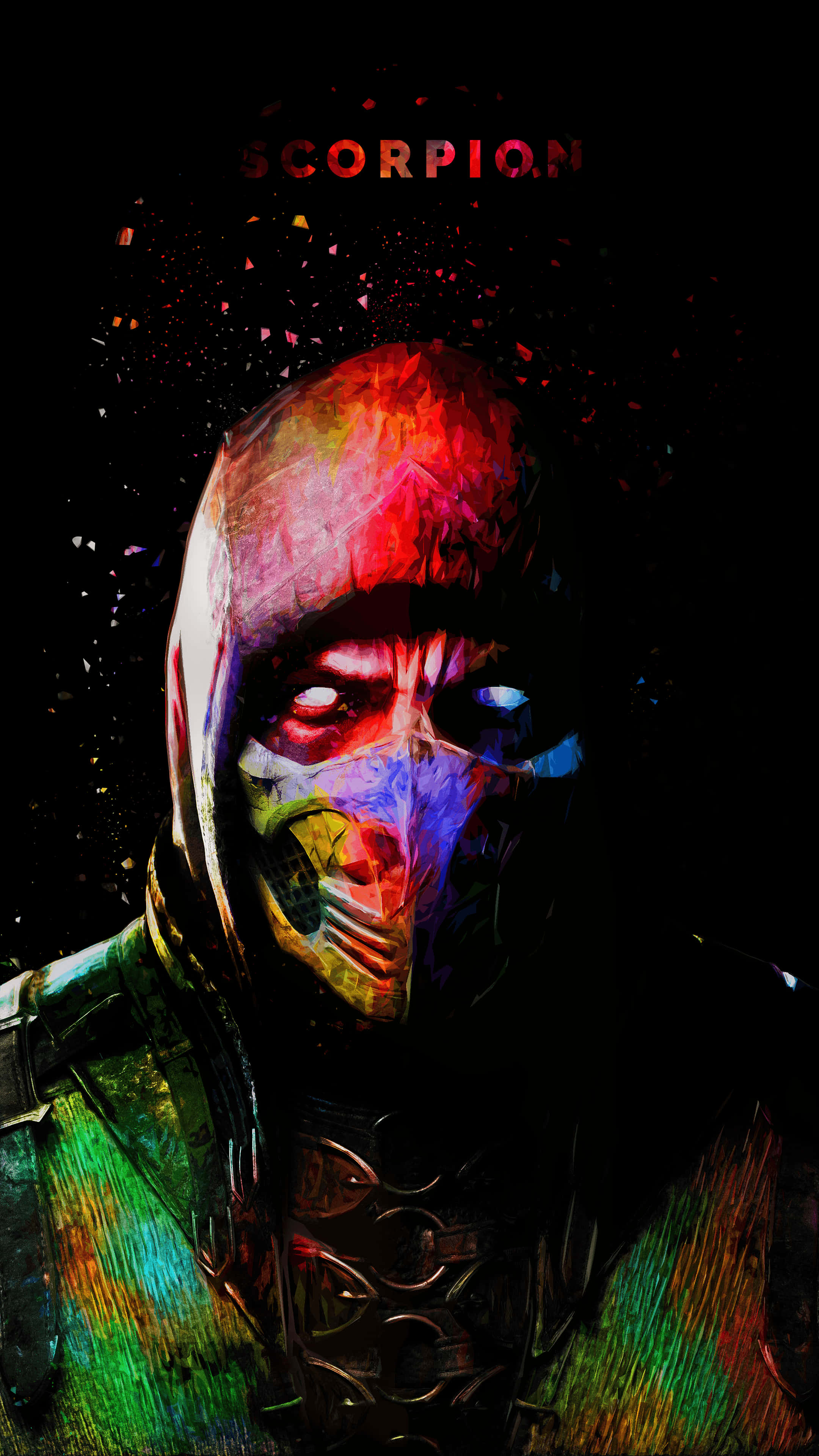 Mortal Kombat iPhone 桌布 壁紙 — 來自《真人快打》的 Scorpion 的數位肖像，色彩鮮豔，風格碎裂如畫，背景深色。