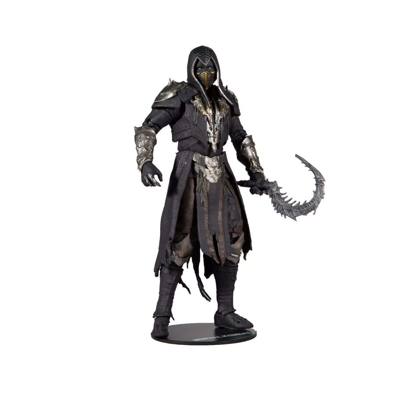 Mortal Kombat Noob Saibot 桌布 壁紙 — 來自《真人快打》的 Scorpion 精緻可動人偶，手持其標誌性彎刀，在純白背景下擺出姿勢。