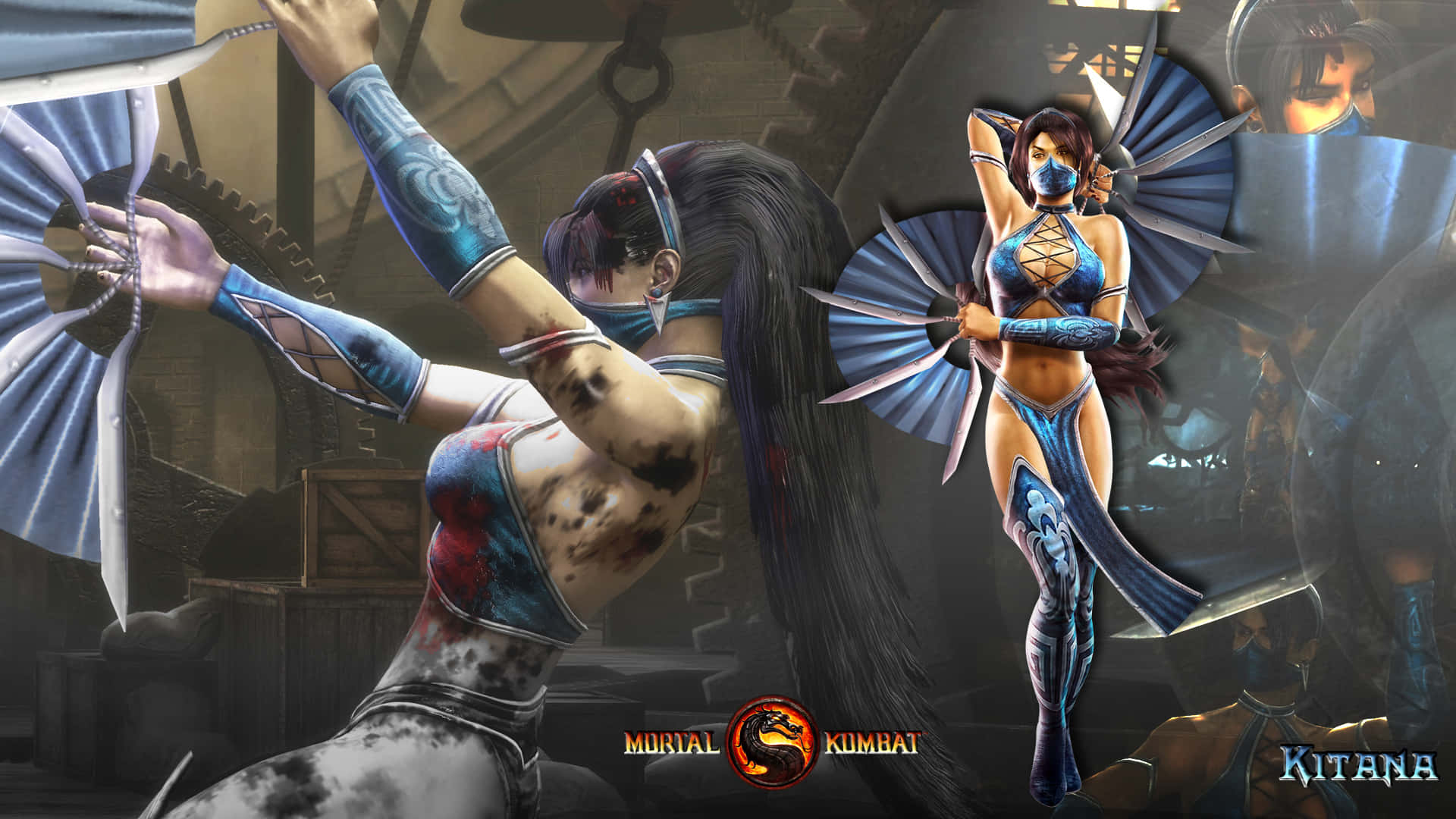 Mortal Kombat Jade 桌布 壁紙 — 來自《真人快打》的Kitana在一個粗糙的工業競技場中揮舞著藍色扇刃，周圍有機械齒輪和昏暗的燈光。