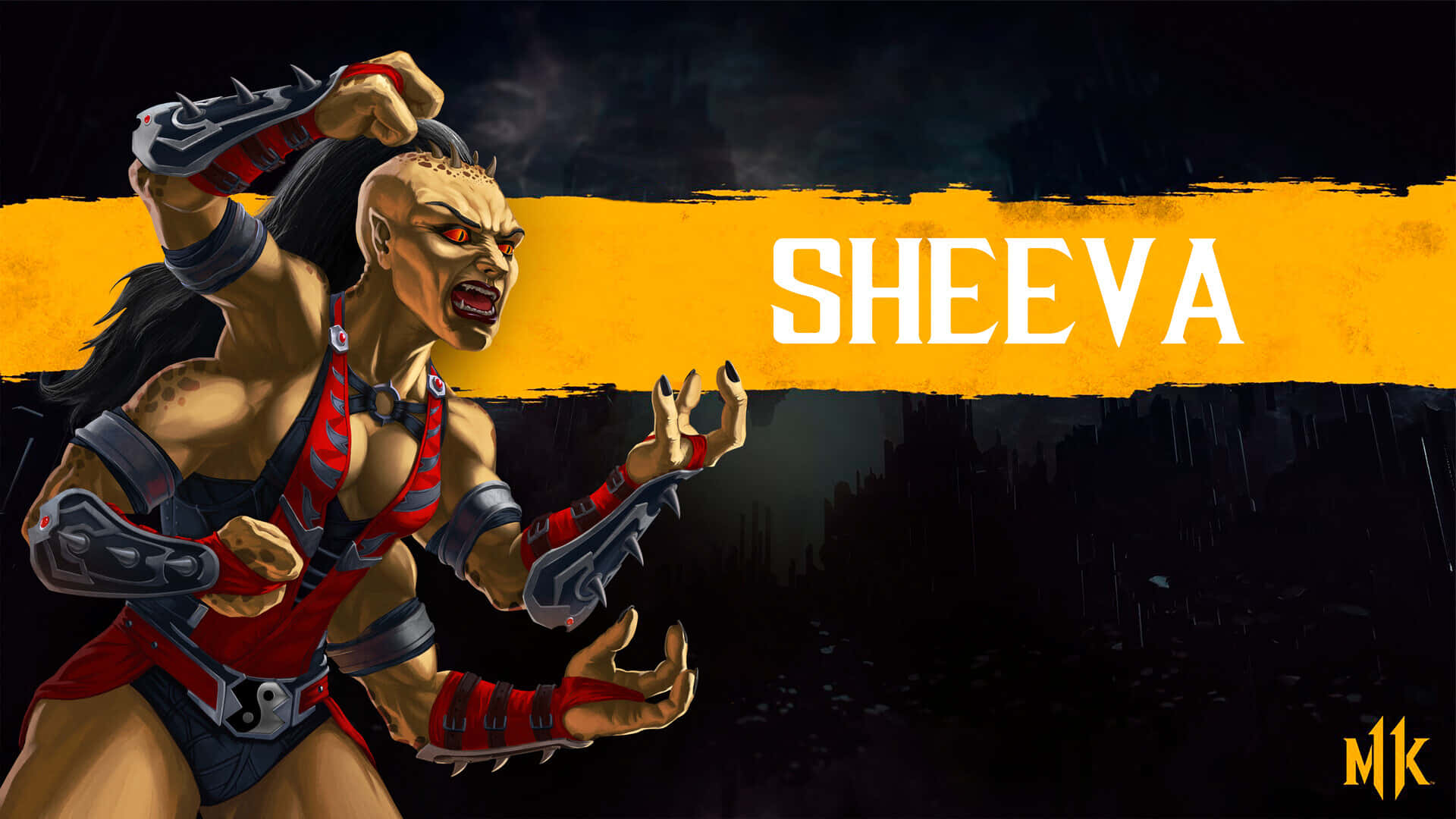 Mortal Kombat Sheeva 桌布 壁紙 — 來自《真人快打》的兇猛希瓦在黑暗雨夜城市背景下以動態姿勢咆哮，配以粗體黃色文字。