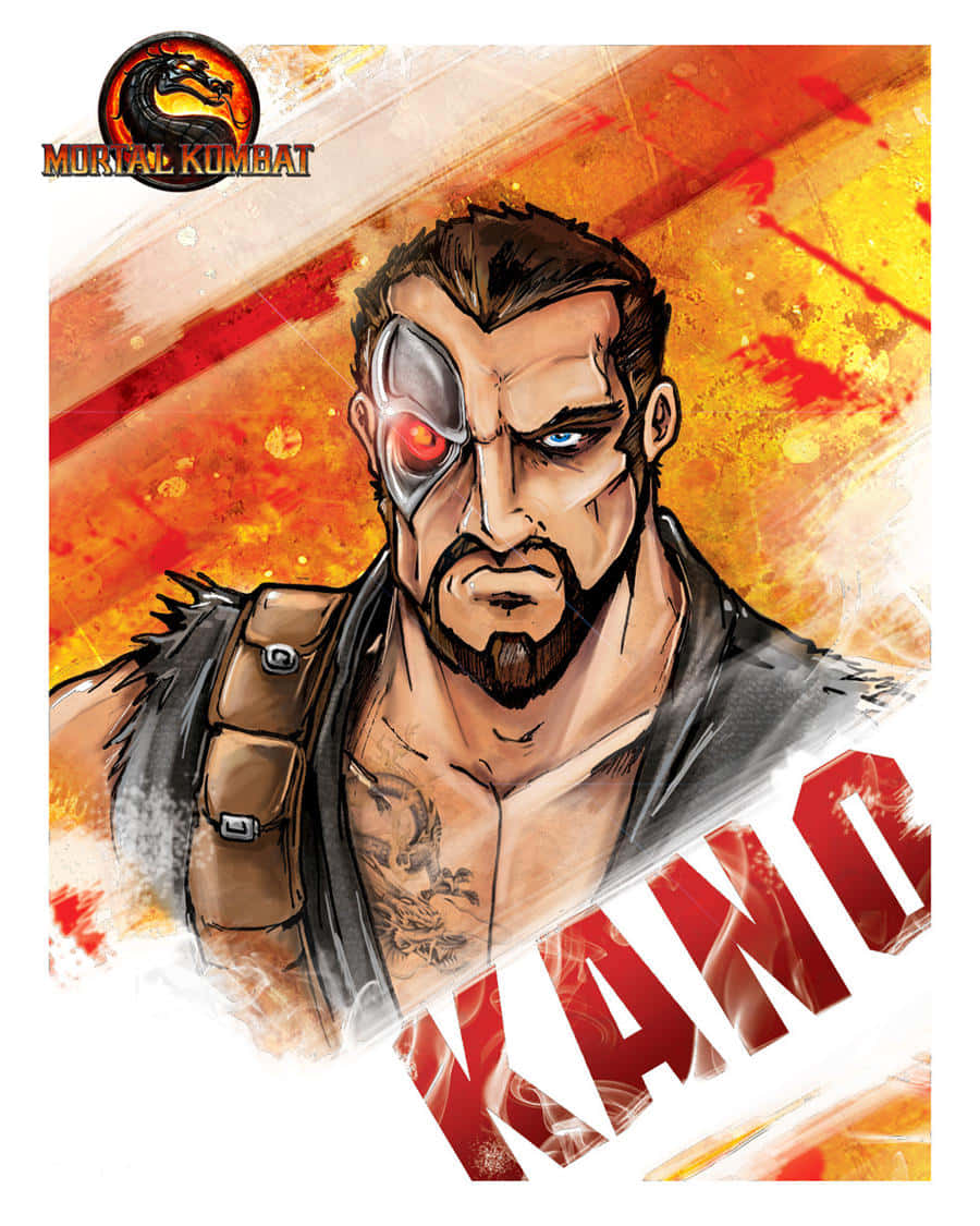 Mortal Kombat Kano 桌布 壁紙 — 來自《真人快打》的卡諾的兇猛插畫肖像，帶有電子眼和紋身胸膛，背景是火熱的橙色。