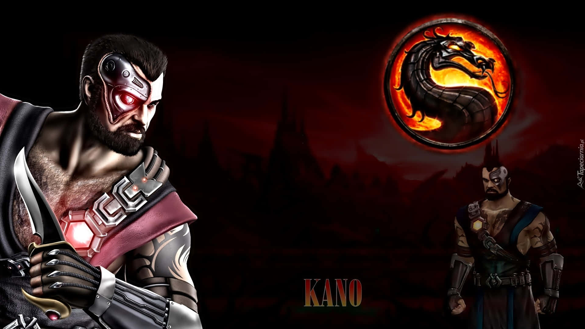 Mortal Kombat Kano 桌布 壁紙 — 來自《真人快打》的威脅性卡諾站在深紅色調中，身後有熾熱的龍徽章發光。