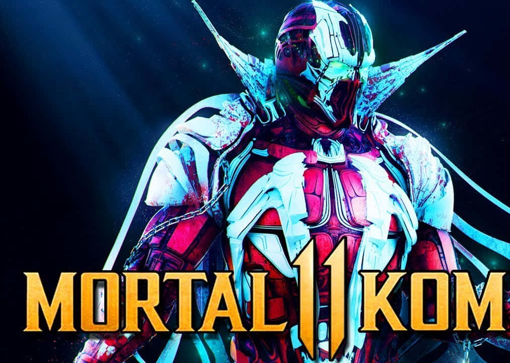Mortal Kombat 11 Spawn 桌布 壁紙 — 來自《真人快打11》的威脅性裝甲戰士，身披發光的藍色和紅色盔甲，頭盔上有尖銳的尖刺，站在宇宙虛空中。