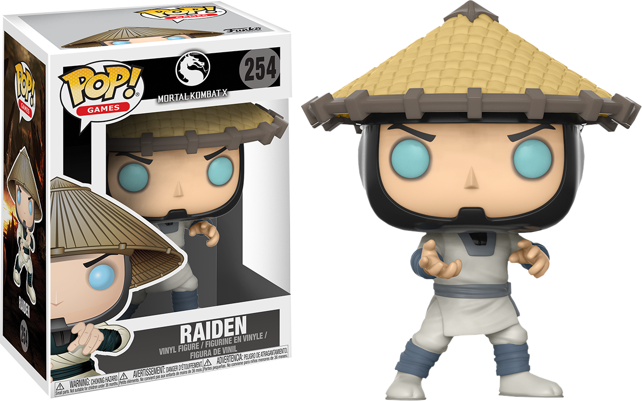 真人快打 桌布 壁紙 — 來自《真人快打X》的Raiden Funko Pop! 乙烯基人偶站在其收藏盒旁邊，背景為黑色。