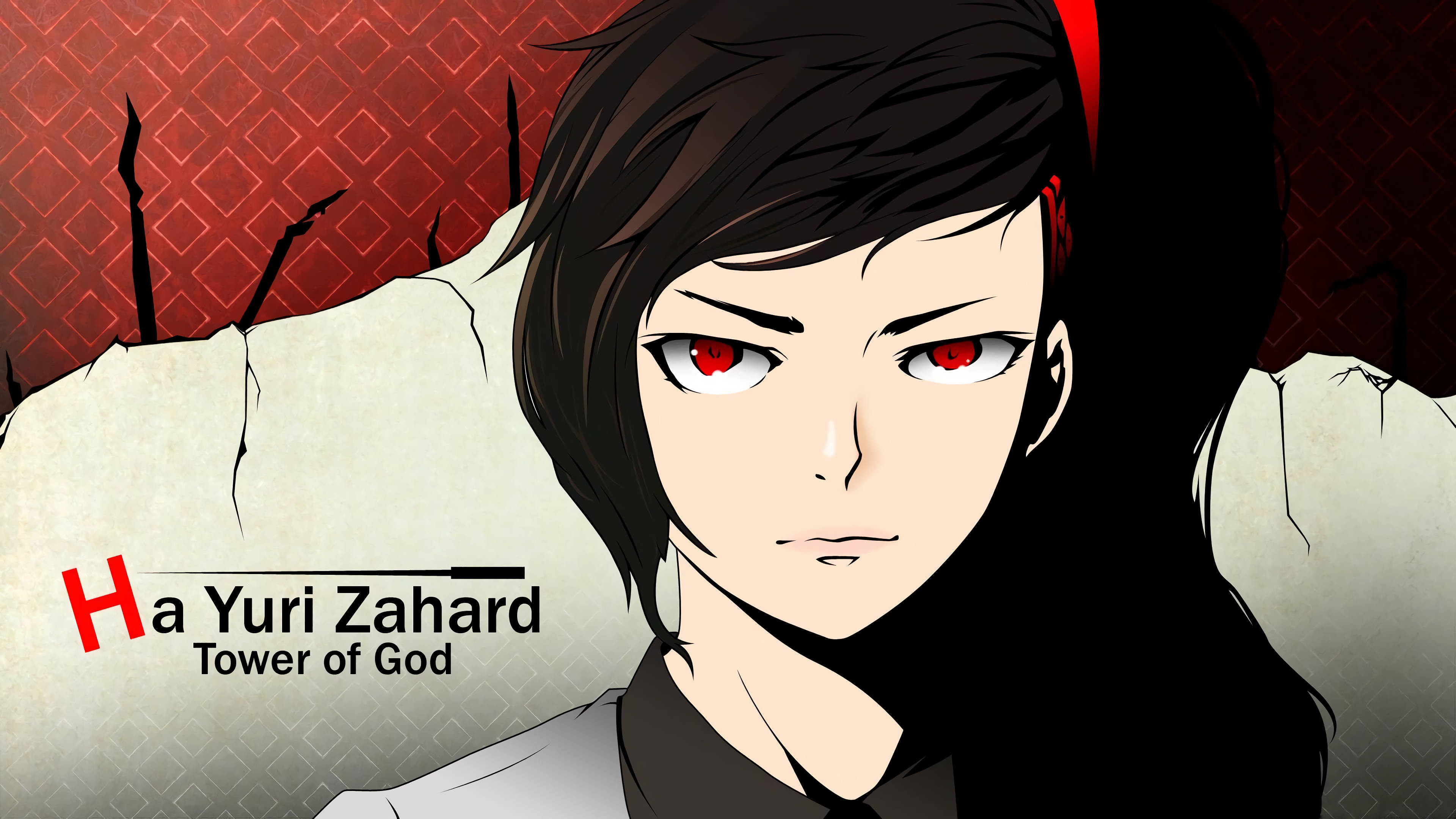 Tower Of God 桌布 壁紙 — 來自《神之塔》的動漫角色Yuri Zahard，在裂開的紅色和米色背景前，用發光的紅色眼睛強烈地凝視著。
