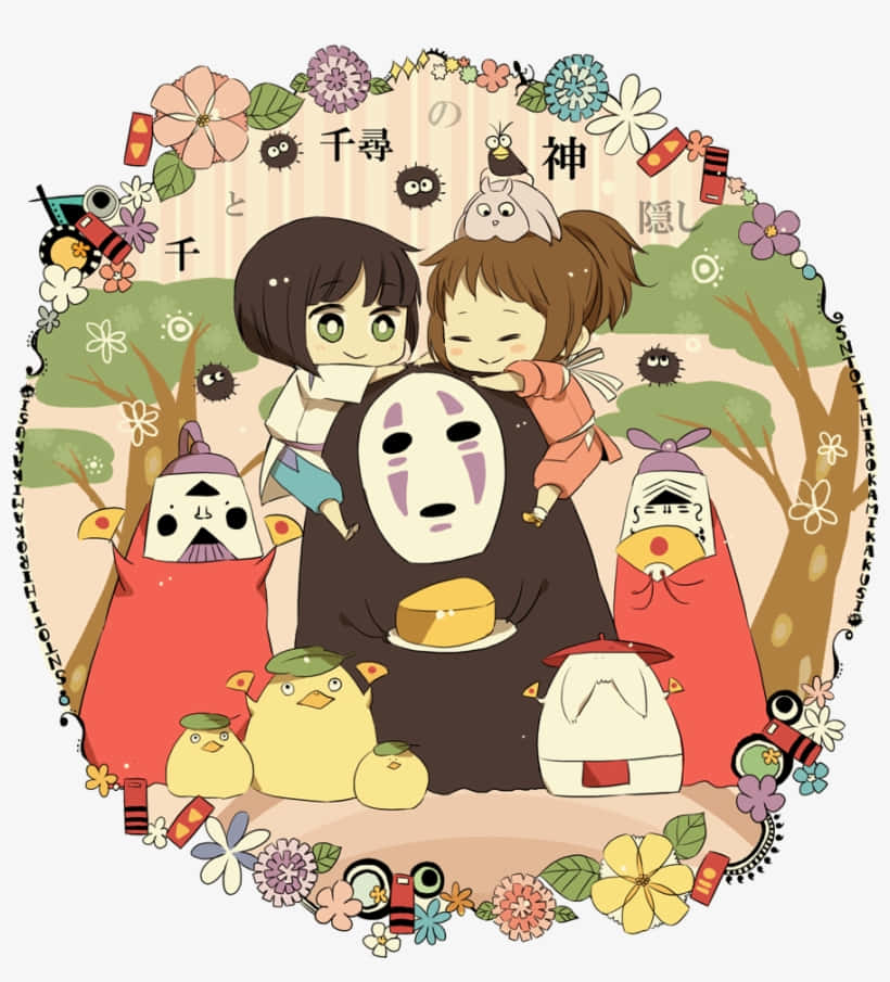 吉卜力工作室 桌布 壁紙 — 來自《神隱少女》的Q版角色在帶有花卉邊框的森林場景中歡樂地聚集在無臉男周圍。