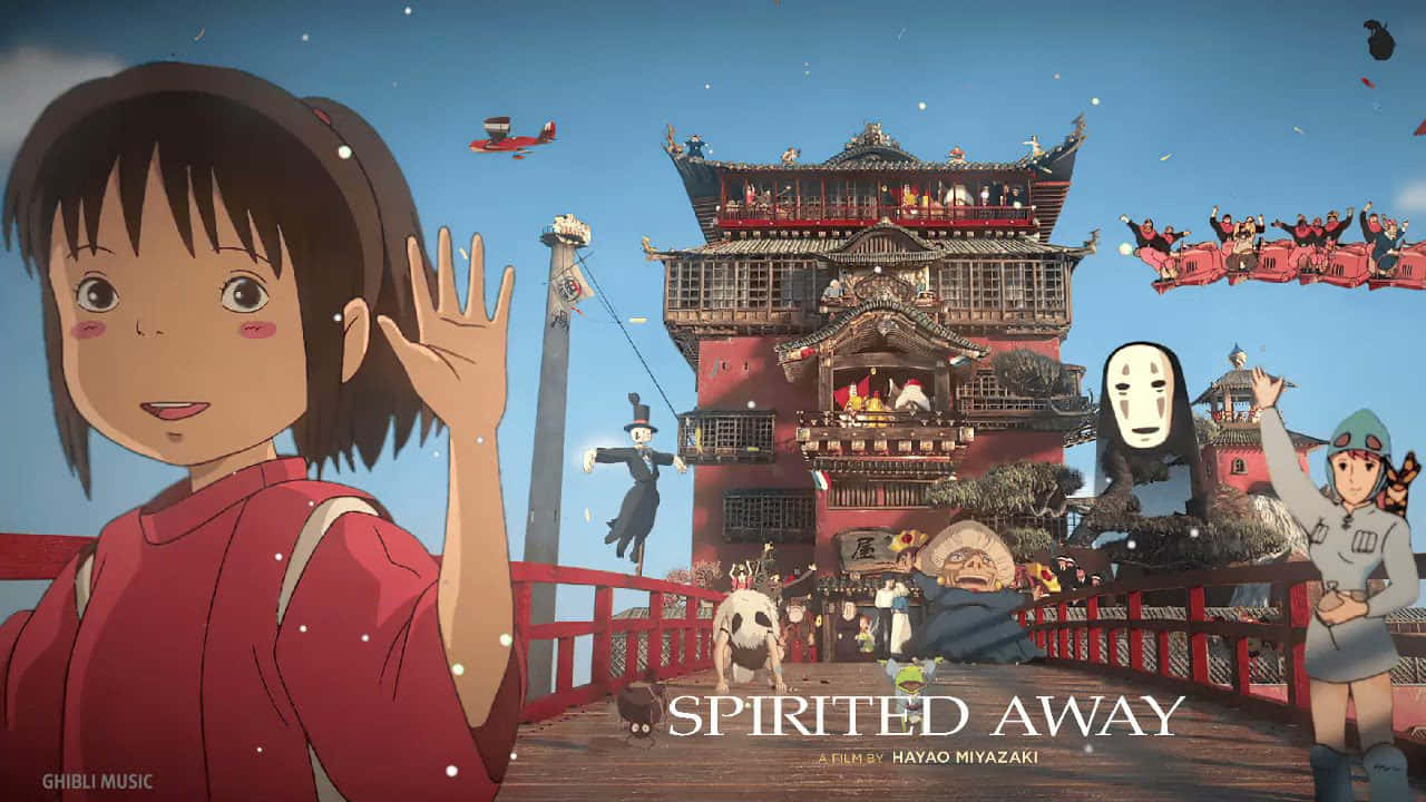 吉卜力 桌布 壁紙 — 來自《神隱少女》的充滿活力的動漫場景，千尋在紅色橋樑旁揮手，旁邊有高聳的神社和神話角色。