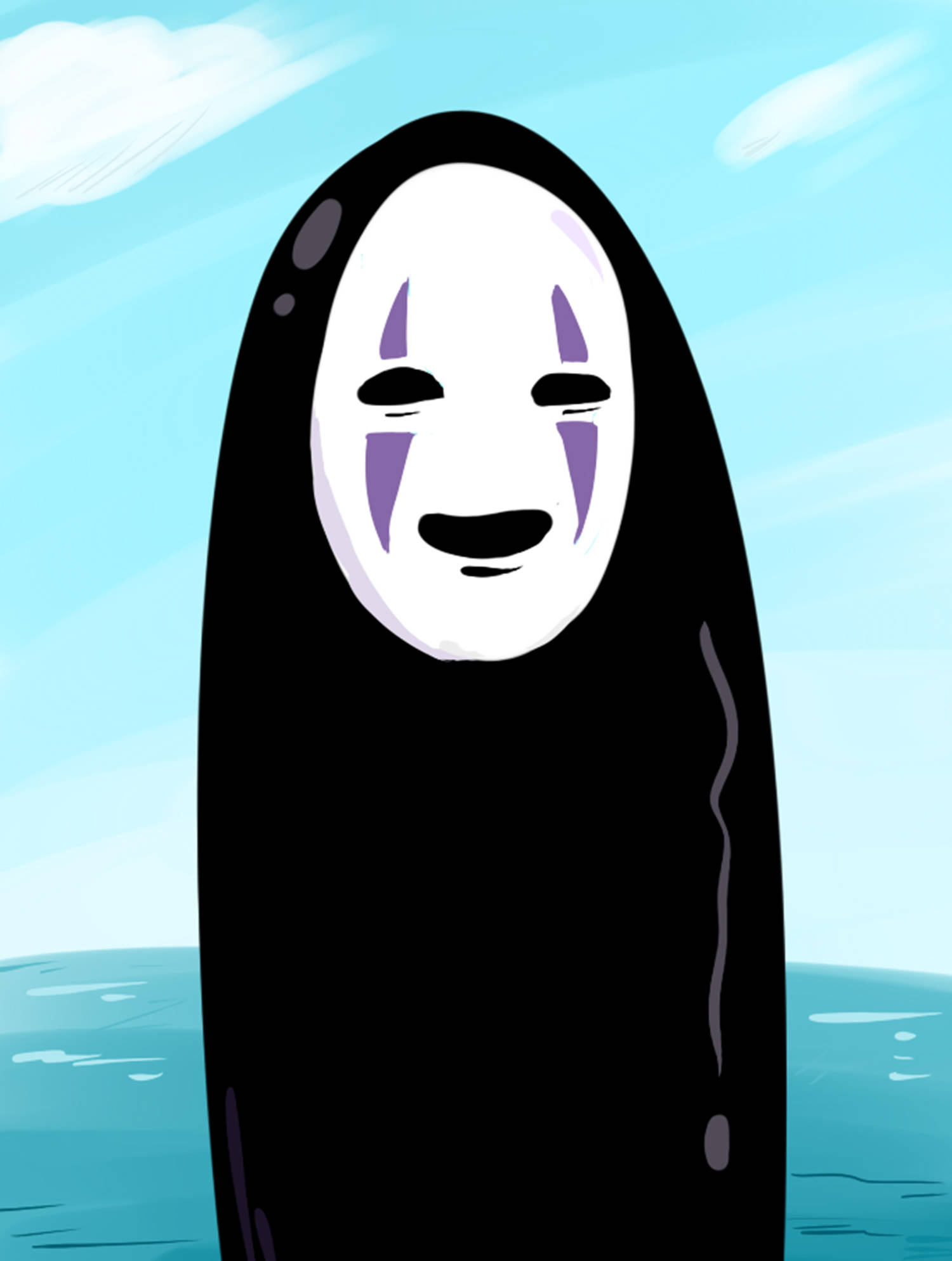 No Face 桌布 壁紙 — 來自《神隱少女》的寧靜無臉男角色，站在平靜的藍色水中，天空淺藍，有縷縷白雲。