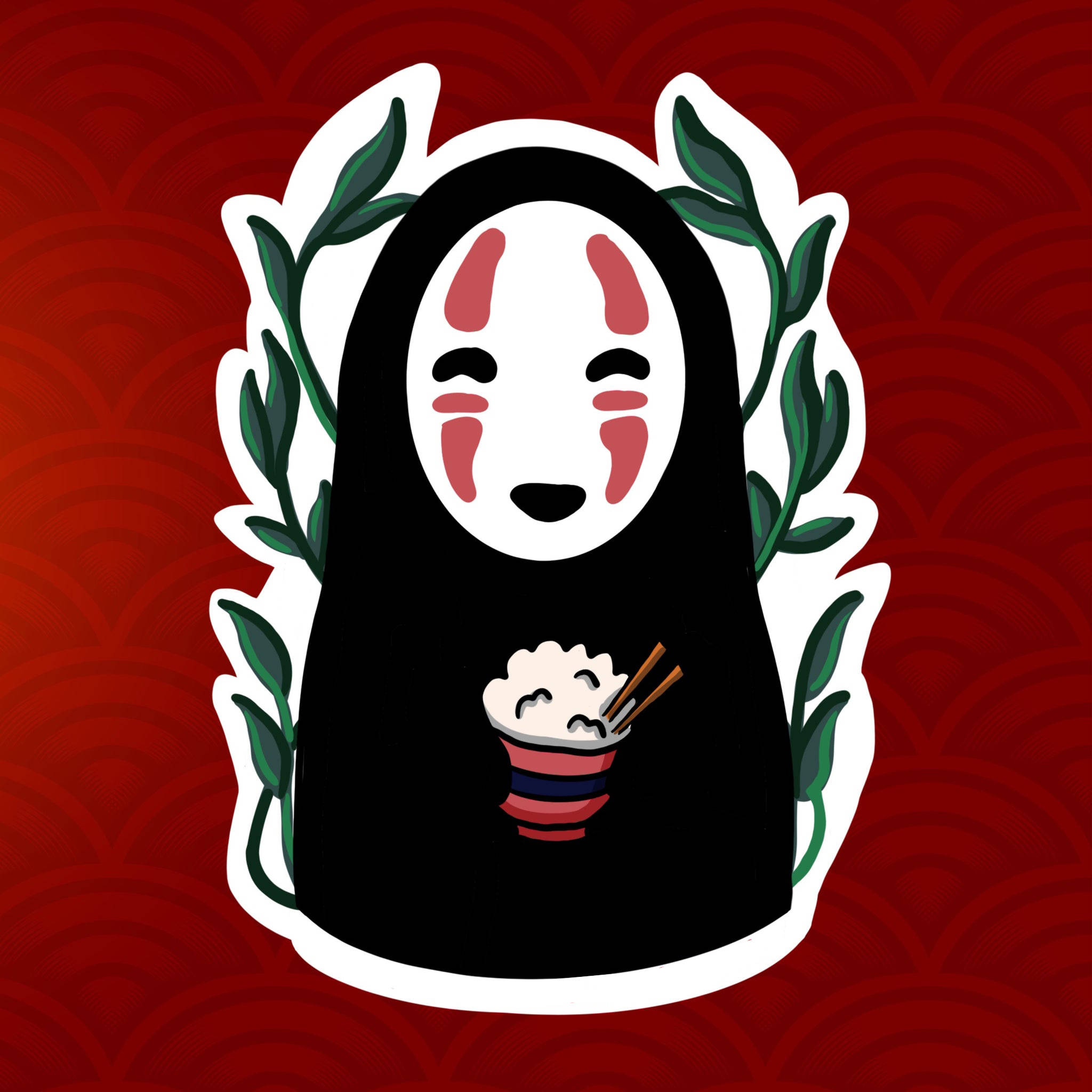 無臉男 桌布 壁紙 — 來自《神隱少女》的風格化無臉男角色，在紅色波浪圖案背景前手持一碗米飯和筷子。