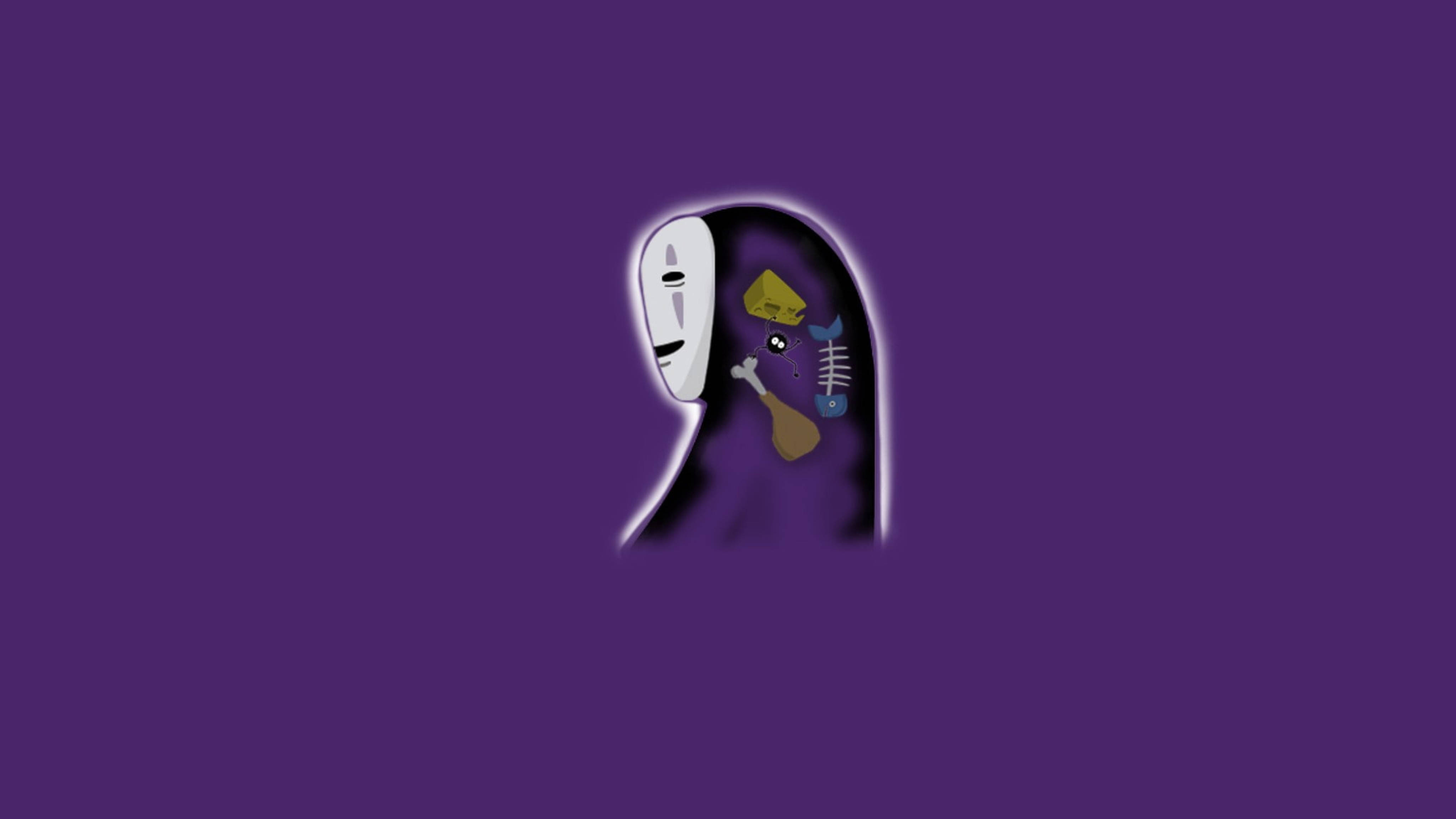 No Face 桌布 壁紙 — 來自《神隱少女》的風格化無臉男角色，帶有發光的白色面具和半透明身體，顯露內部器官，背景為純紫色。