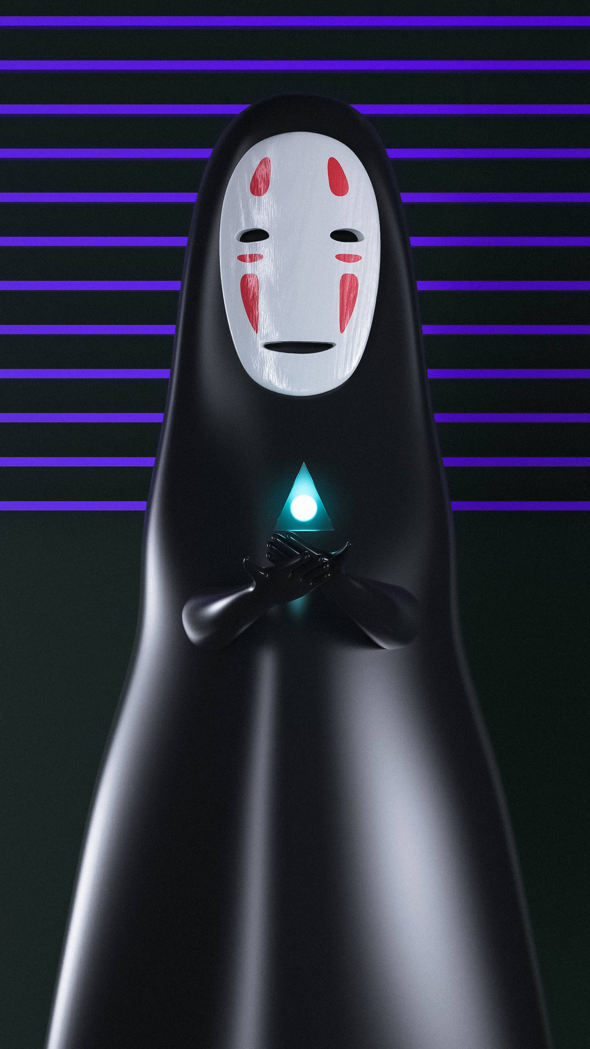 No Face 桌布 壁紙 — 來自《神隱少女》的黑色亮面無臉男，在紫色條紋背景上拿著一個發光的藍色三角形。