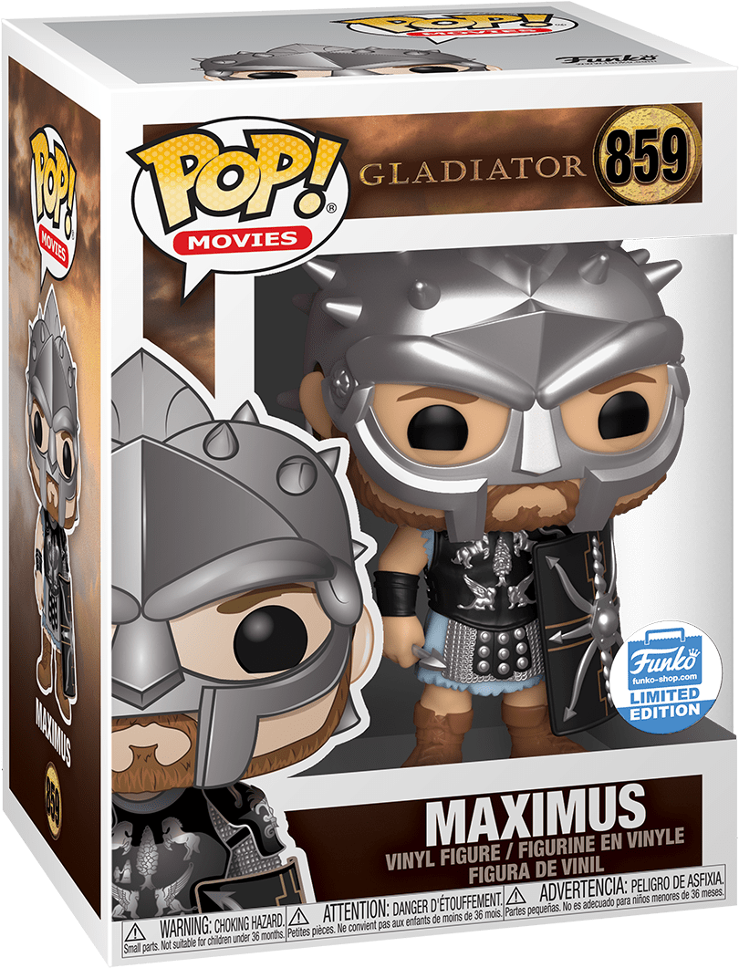 Funko Pop 桌布 壁紙 — 來自《神鬼戰士》的Maximus Funko Pop! 軟膠公仔，身穿標誌性盔甲和頭盔，展示於收藏盒中。