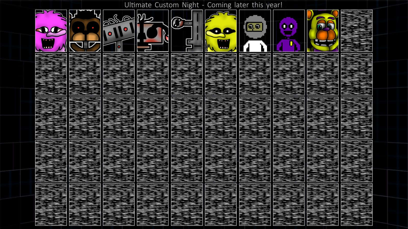 Ultimate Custom Night 桌布 壁紙 — 來自《終極自訂夜晚》的扭曲像素化電子動畫面孔網格，帶有故障噪點和深色網格背景。