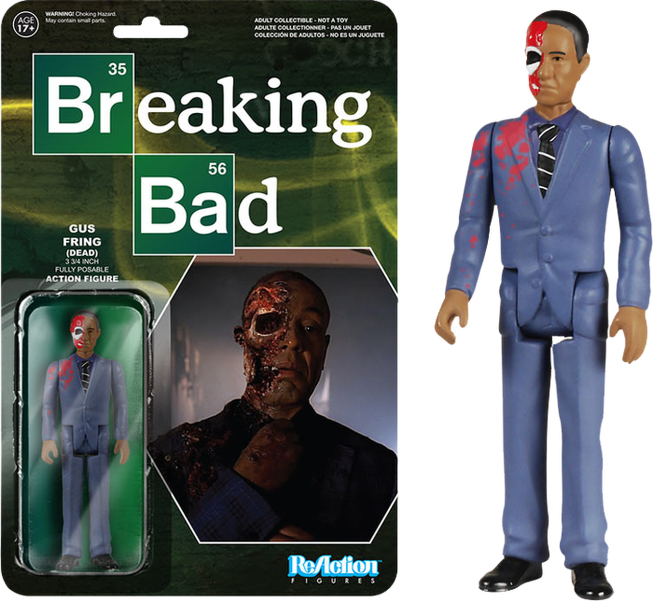 絕命毒師 桌布 壁紙 — 來自《絕命毒師》的 Gus Fring 成人收藏級可動人偶，帶有血跡和分裂臉設計。