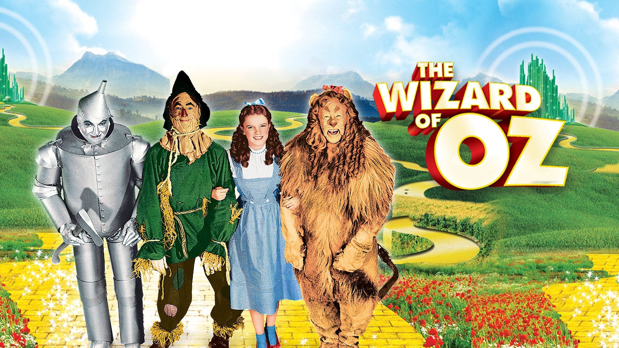 wizard 桌布 壁紙 — 來自《綠野仙蹤》的四個標誌性角色一起站在充滿活力的奇幻景觀中的黃磚路上。