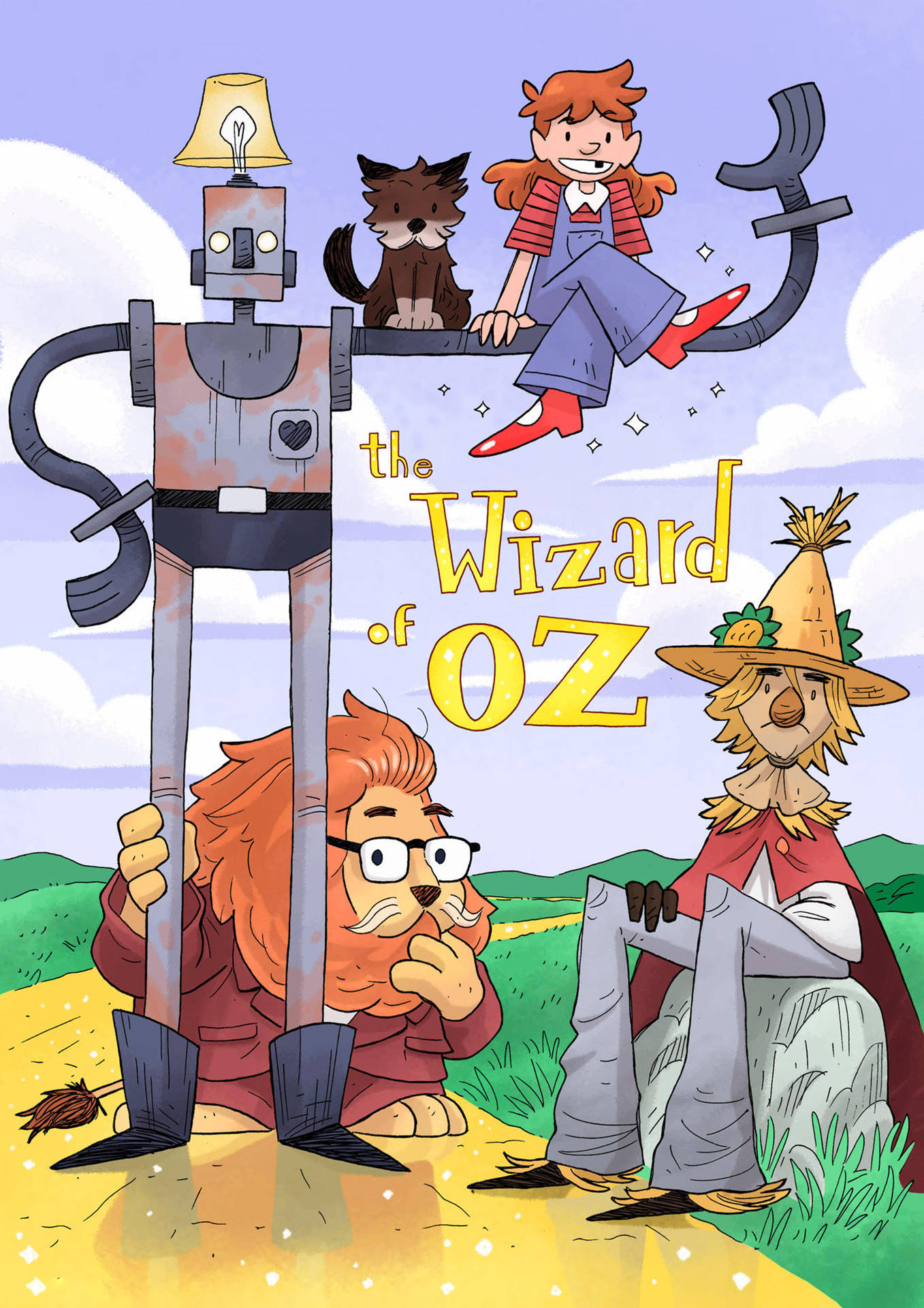 wizard 桌布 壁紙 — 來自《綠野仙蹤》的彩色插圖場景，描繪桃樂絲、鐵皮人、膽小獅和稻草人在藍天下走在黃磚路上。