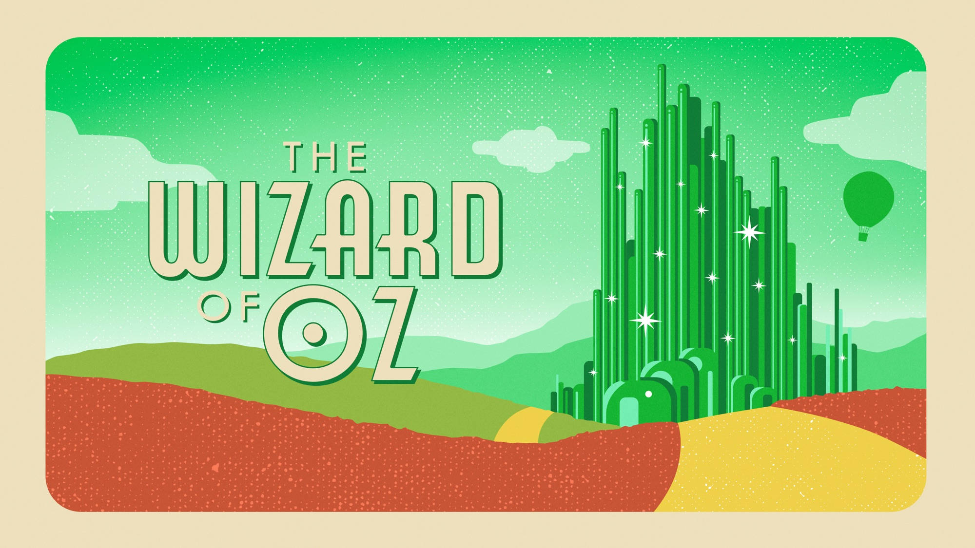 wizard 桌布 壁紙 — 來自《綠野仙蹤》的翡翠城風格化插圖，有綠色尖塔、起伏的山丘和一個在充滿活力的綠色天空中的熱氣球。