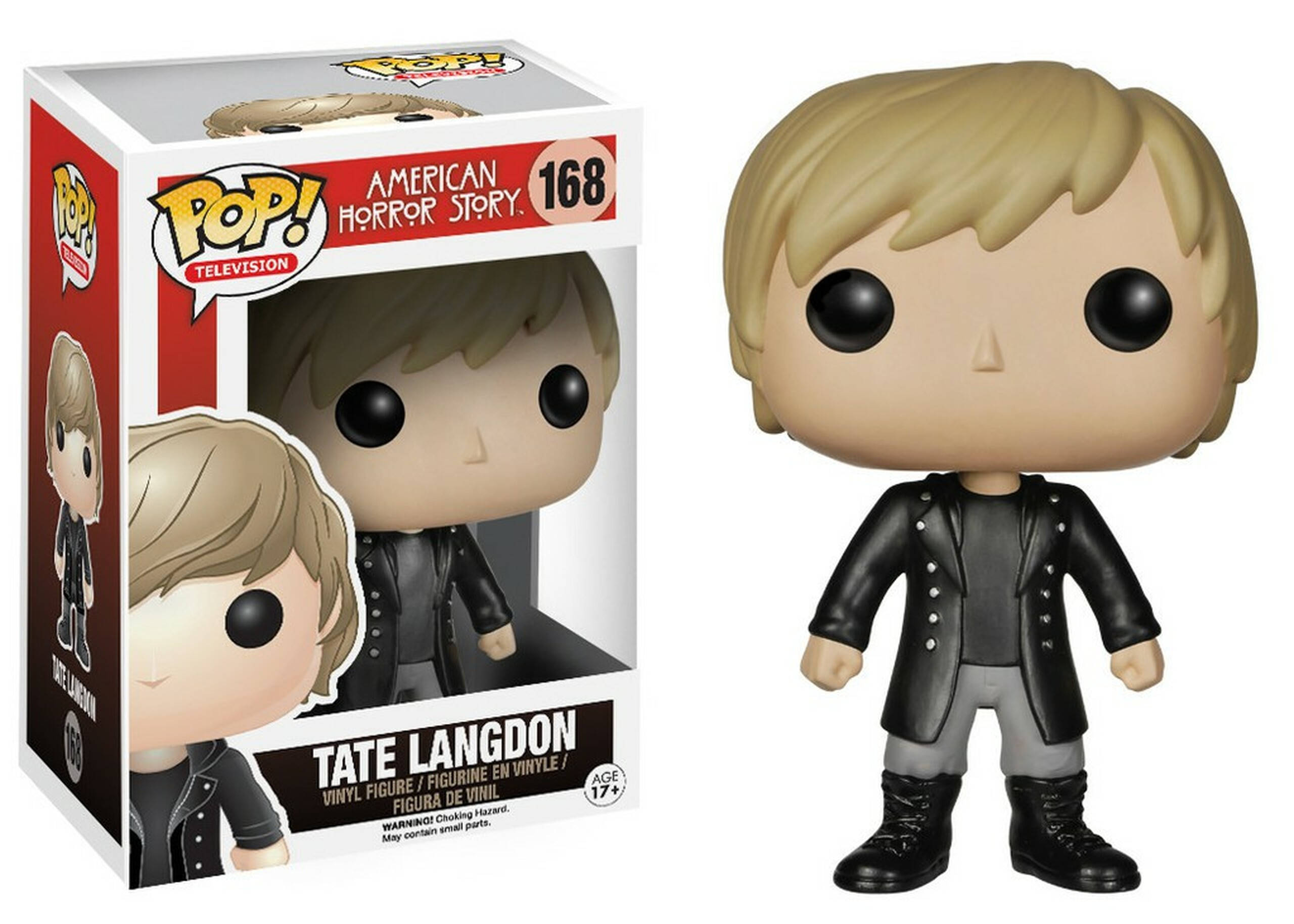 Tate Langdon 桌布 壁紙 — 來自《美國恐怖故事》的 Tate Langdon Funko Pop! 搪膠公仔，旁邊是其品牌盒子，背景為純白色。