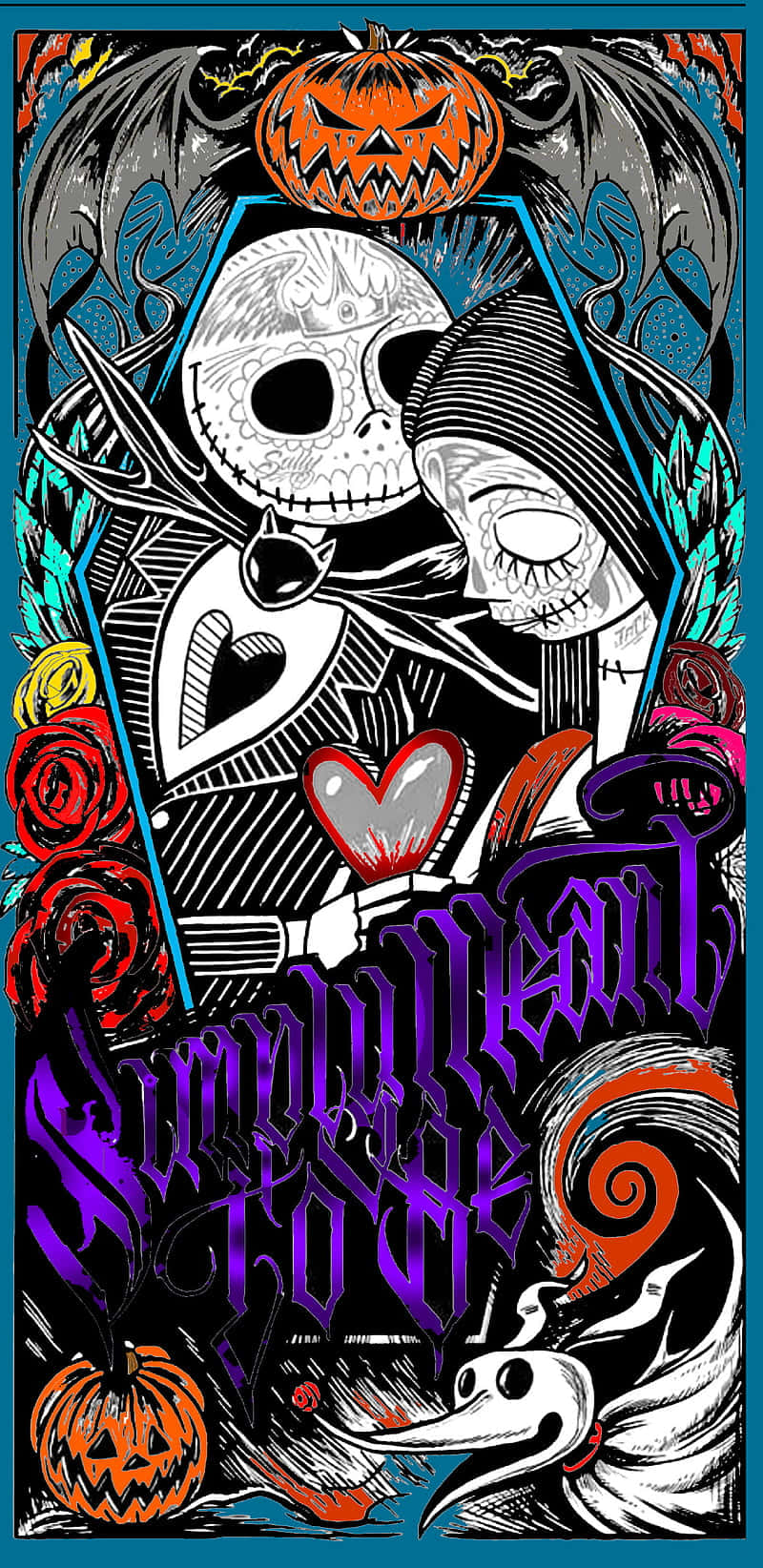 Nightmare Before Christmas Phone 桌布 壁紙 — 來自《聖誕夜驚魂》的傑克與莎莉，手持被南瓜、玫瑰和蝙蝠環繞的心形圖案風格化插圖。