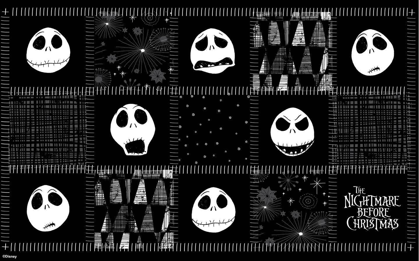 nightmare 桌布 壁紙 — 來自《聖誕夜驚魂》的黑白拼布被，上面有傑克·史克林頓的表情豐富的臉和節日圖案。