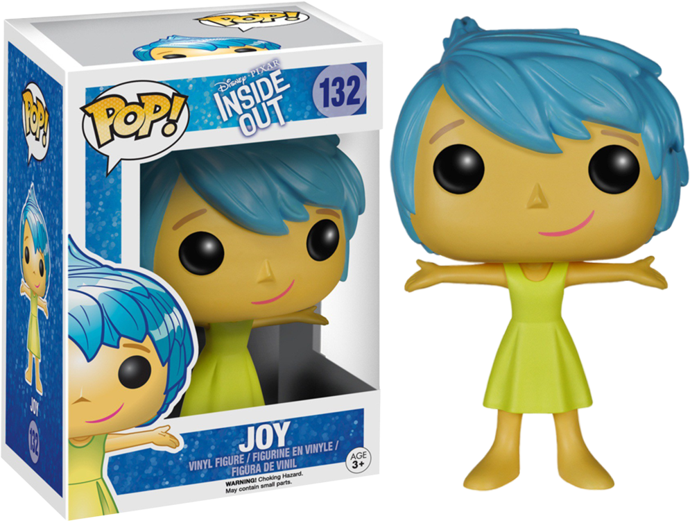 喜悅 桌布 壁紙 — 來自《腦筋急轉彎》的樂樂 Funko Pop! 塑膠公仔站在她的收藏盒旁邊，擁有亮藍色頭髮和開心的黃色裙子。