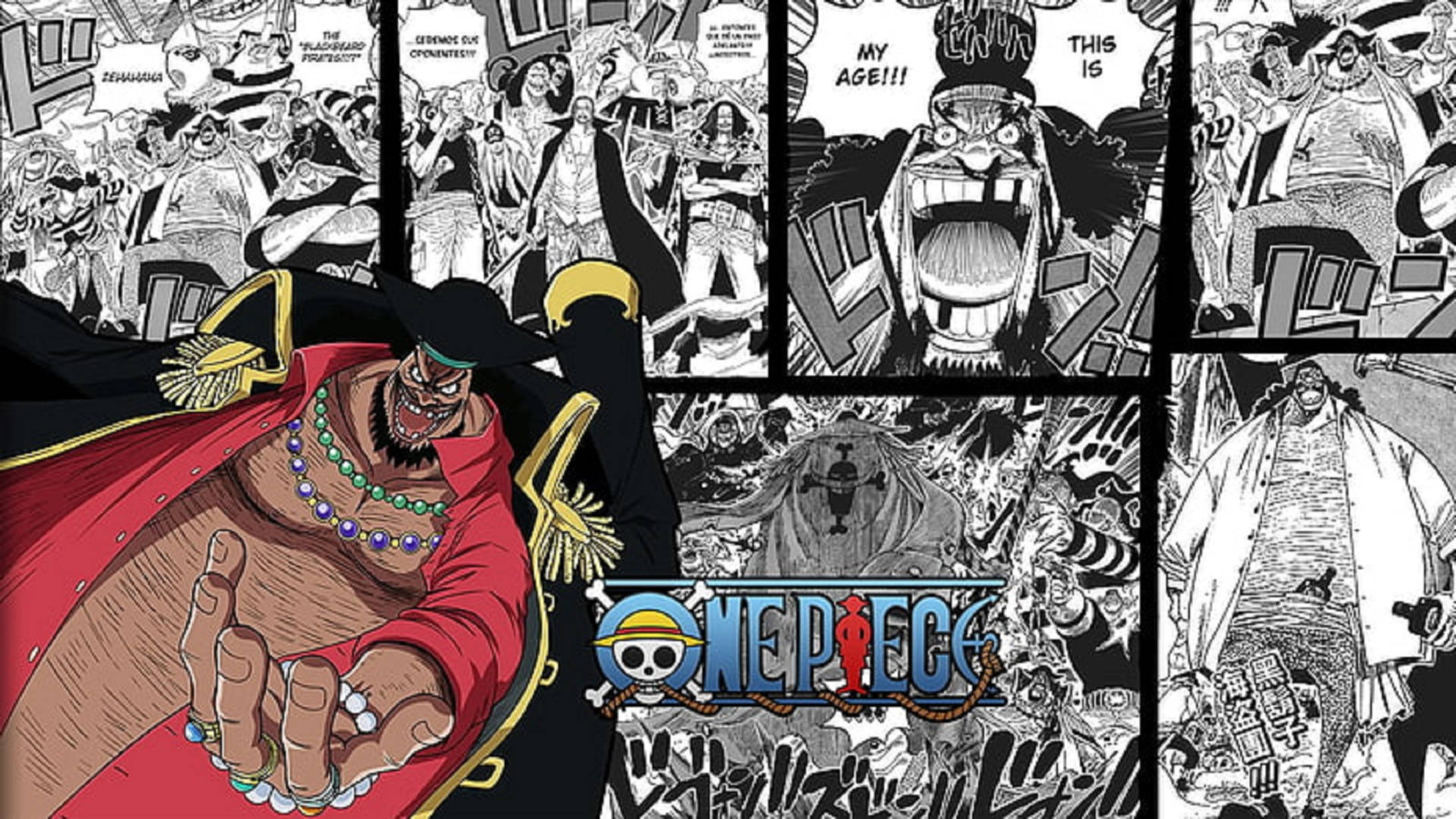 Panel 桌布 壁紙 — 來自《航海王》的動態漫畫面板拼貼，中央有一個穿著紅色長袍的角色，帶著威脅的笑容，周圍是混亂的動作場景。