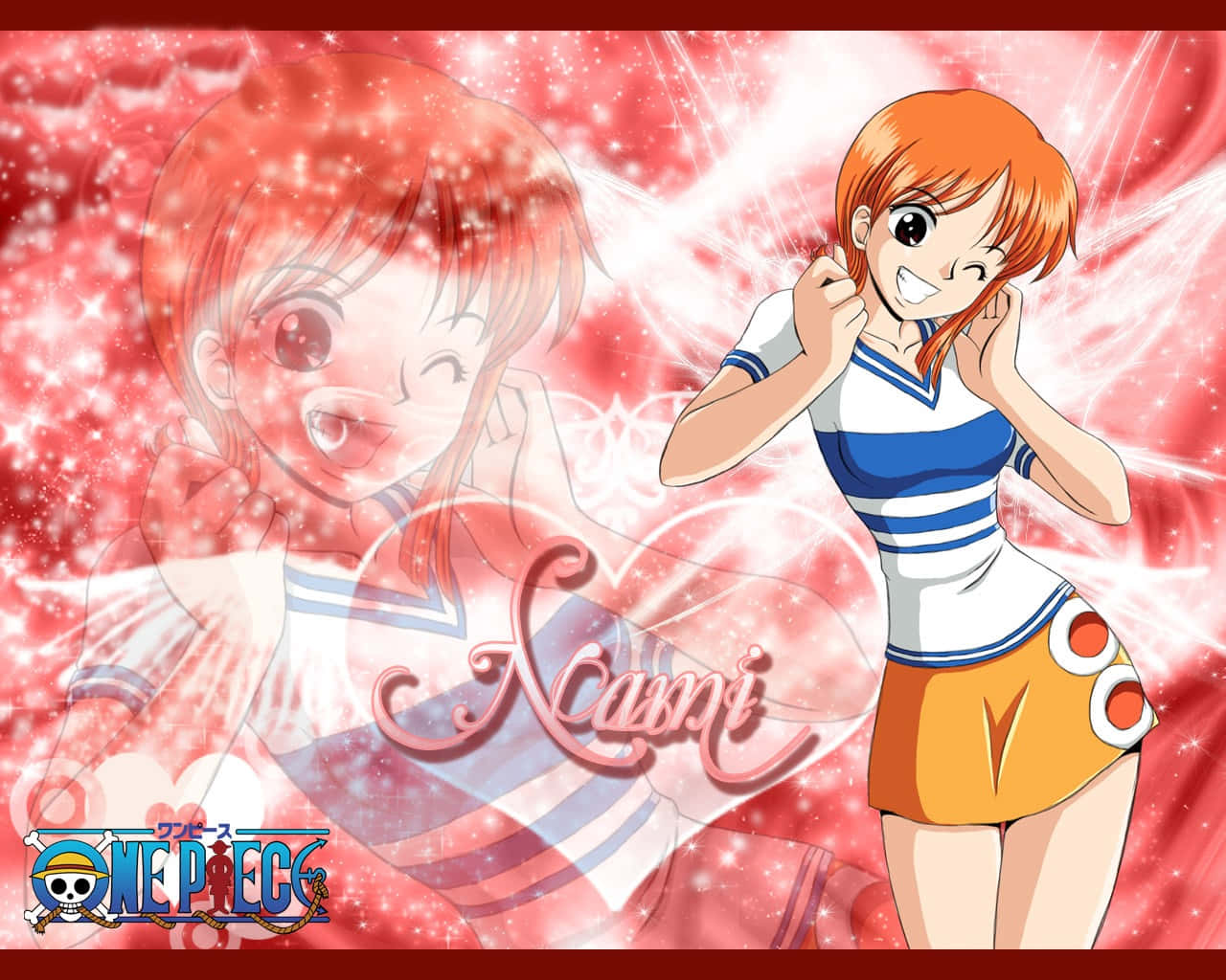 Nami 桌布 壁紙 — 來自《航海王》的動漫女孩娜美在閃爍的紅色背景上開心地微笑，她的名字以粉紅色書寫。