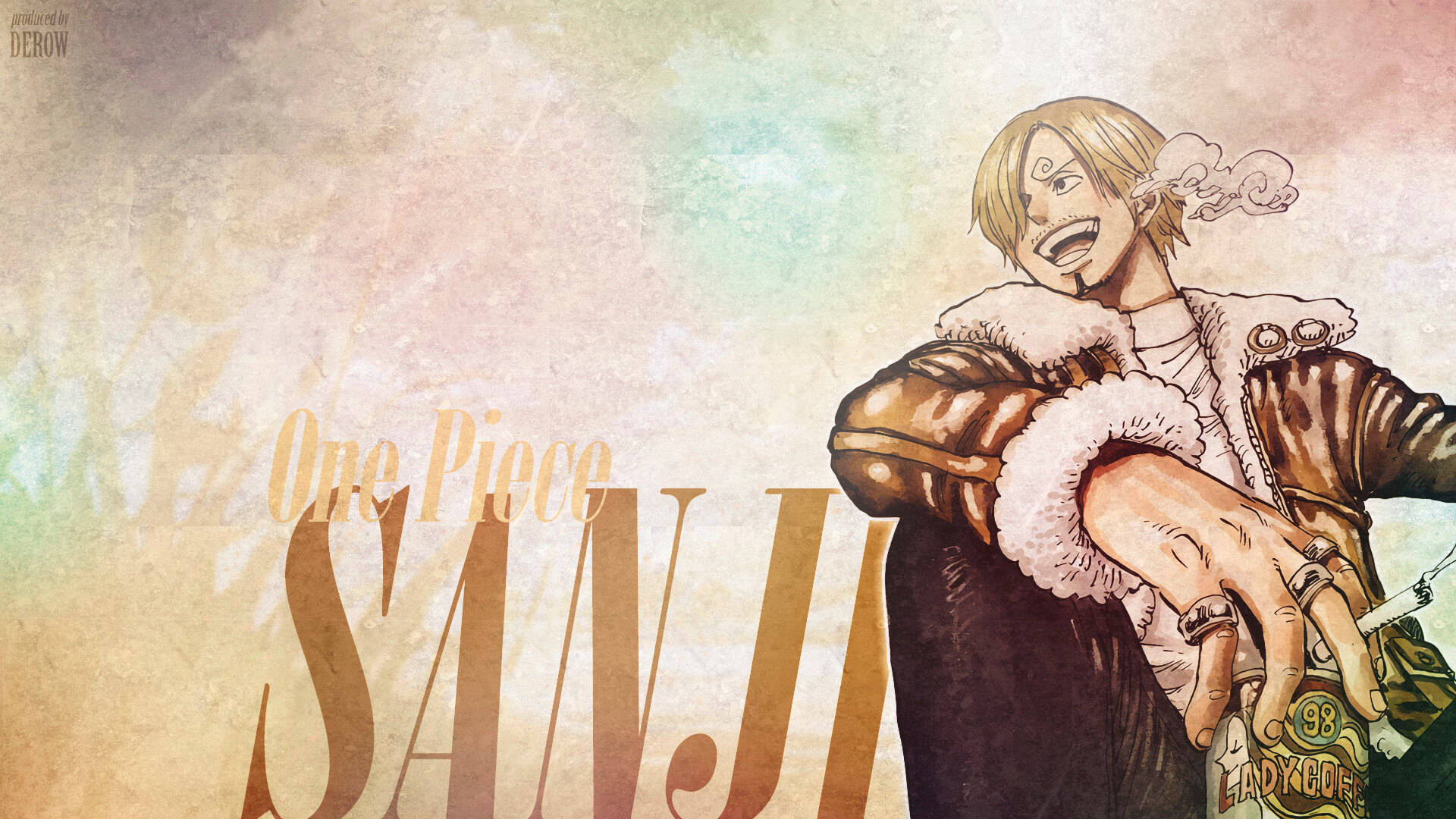 Sanji 桌布 壁紙 — 來自《航海王》的動漫角色香吉士在紋理粉彩背景前拿著瓶子微笑。