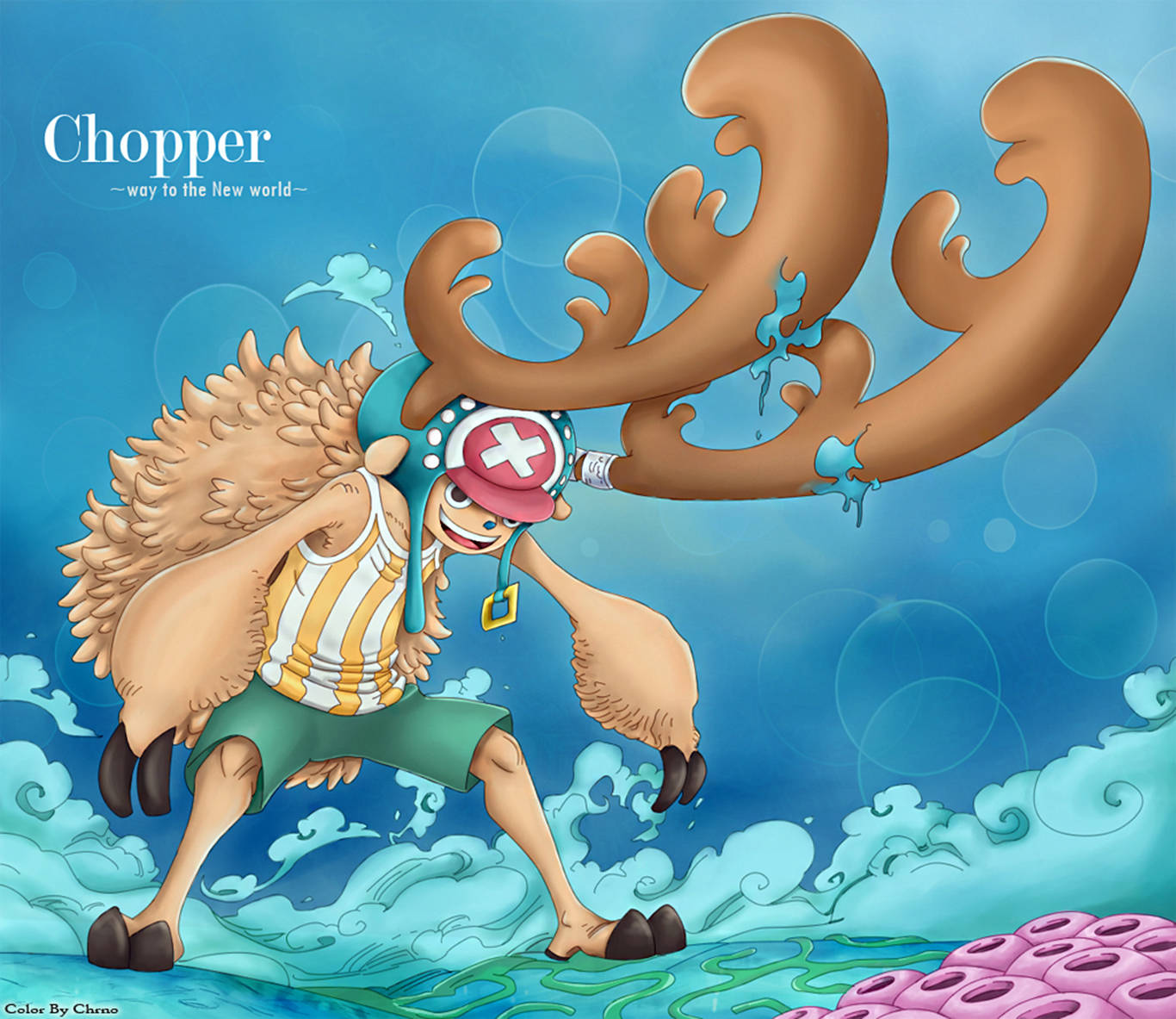 Chopper 桌布 壁紙 — 來自《航海王》的喬巴站在雲海上，帶著巨大的鹿角和喜悅的表情，在充滿活力的藍天下勝利地站立。