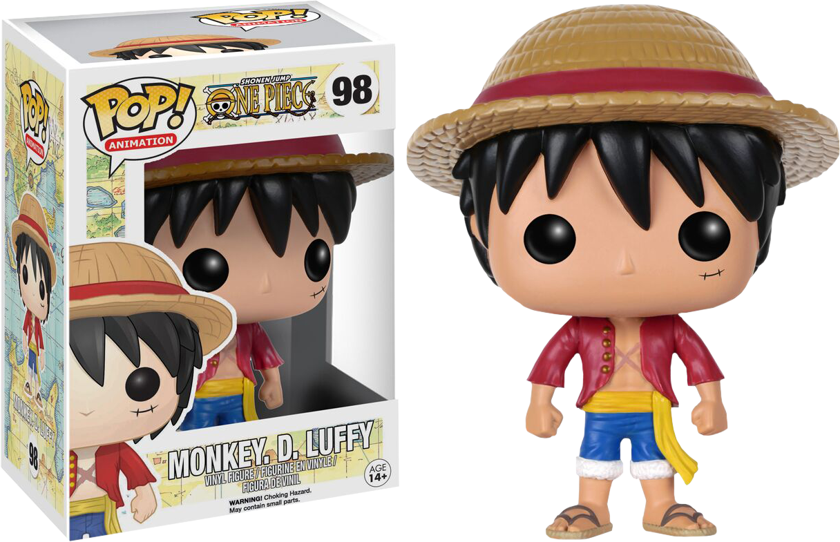 蒙其·D·魯夫 桌布 壁紙 — 來自《航海王》的蒙奇·D·魯夫 Funko Pop! 人偶站在他的收藏盒旁邊。