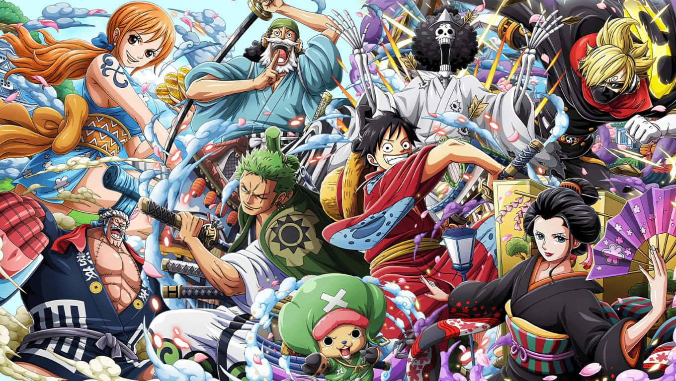 1360x768 桌布 壁紙 — 來自《航海王》的鮮豔動漫角色在色彩繽紛混亂的背景中以動態動作姿勢碰撞。