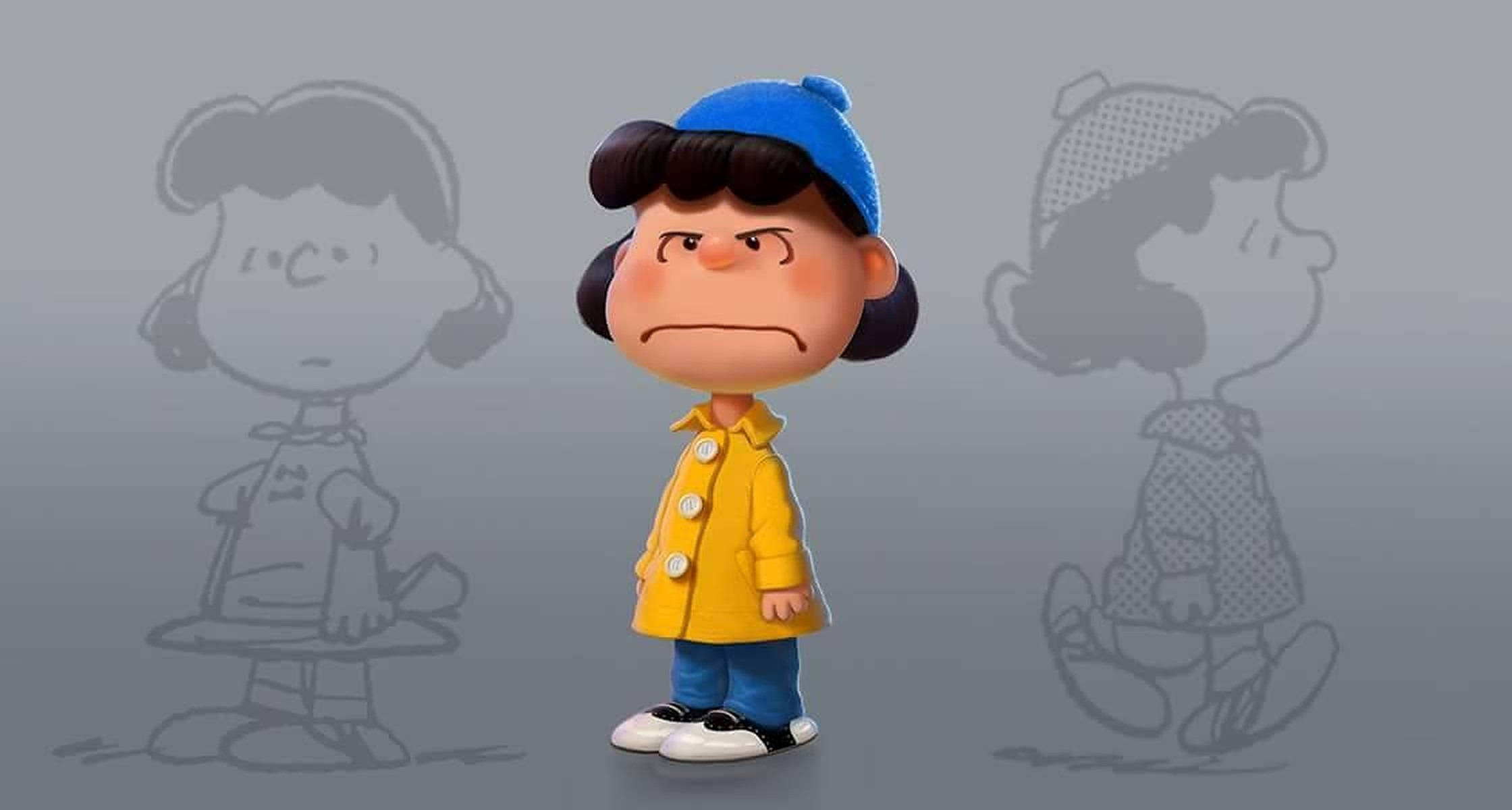 lucy 桌布 壁紙 — 來自《花生漫畫》的 Lucy van Pelt 以 3D 渲染呈現，身穿黃色外套和藍色帽子，背後有她模糊的草圖輪廓。