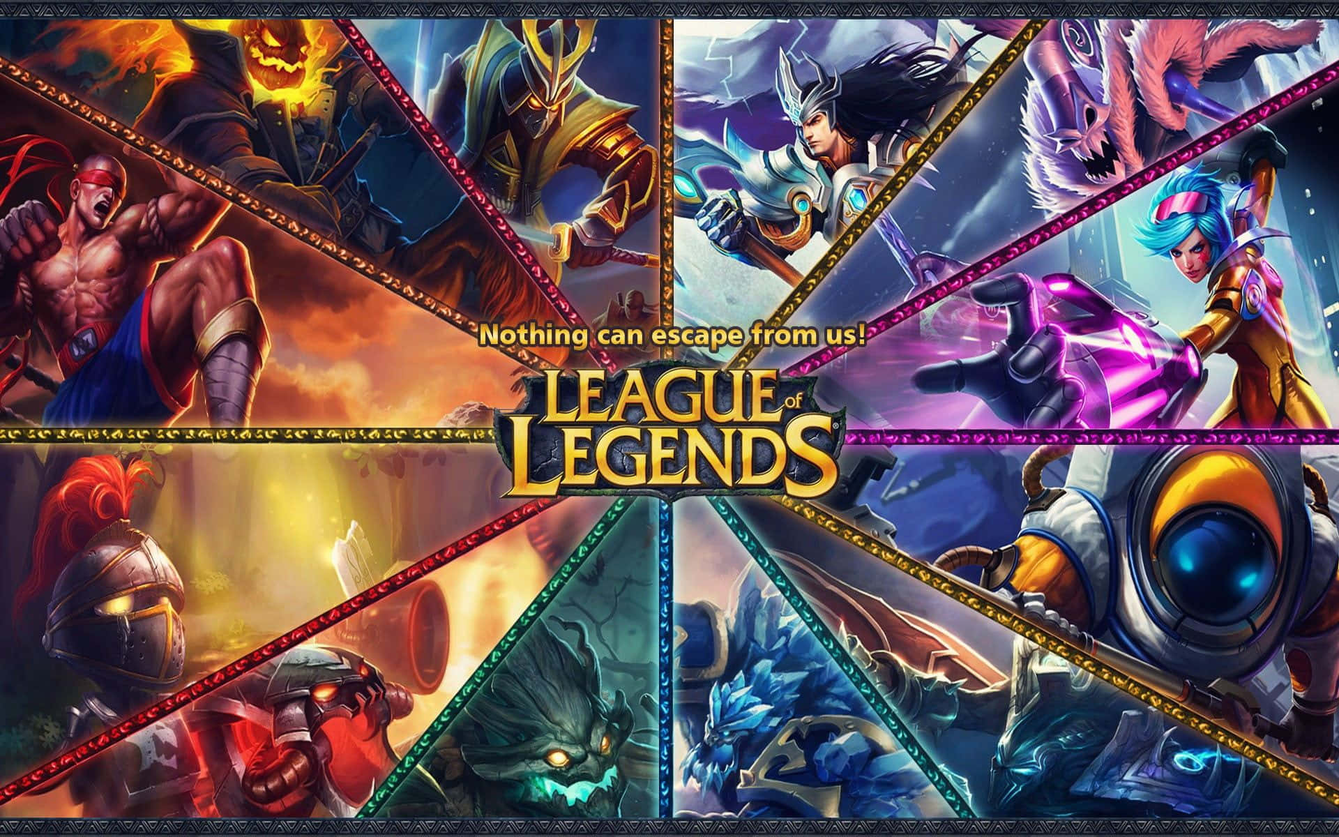 Best League Of Legends 桌布 壁紙 — 來自《英雄聯盟》的充滿活力的奇幻遊戲角色，在幾何分割的框架中以大膽的色彩和戲劇性的燈光動態擺姿勢。