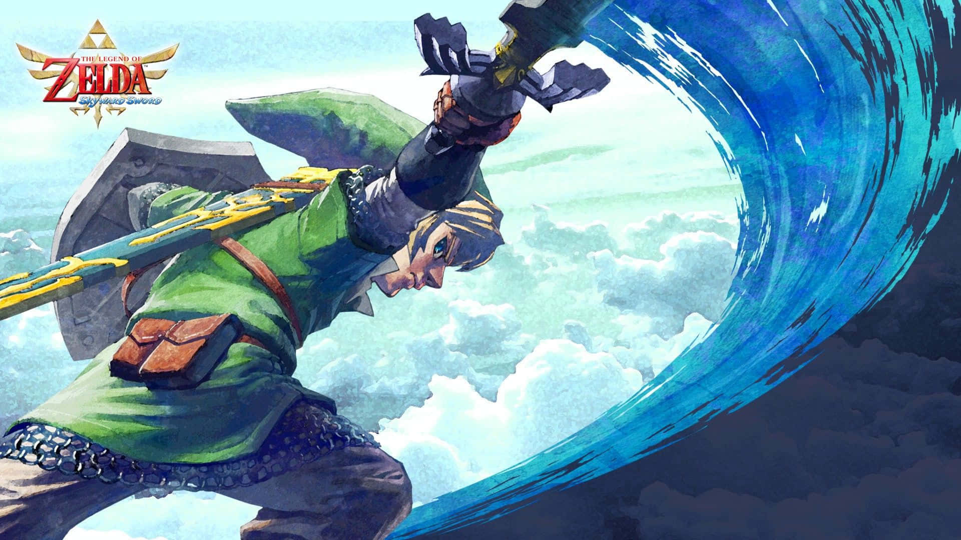 The Legend Of Zelda Skyward Sword 桌布 壁紙 — 來自《薩爾達傳說 天空之劍》的林克在陰雲密佈的天空下劈開一道巨大的藍色能量波。