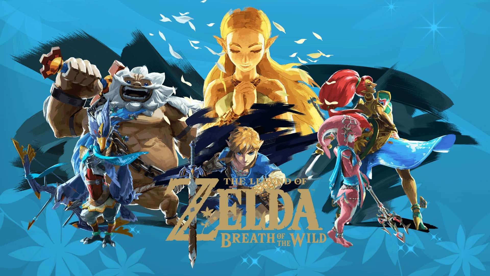 The Legend Of Zelda Urbosa 桌布 壁紙 — 來自《薩爾達傳說 曠野之息》的動態動漫風格角色，在帶有星爆的風格化藍色背景前英勇擺姿勢。