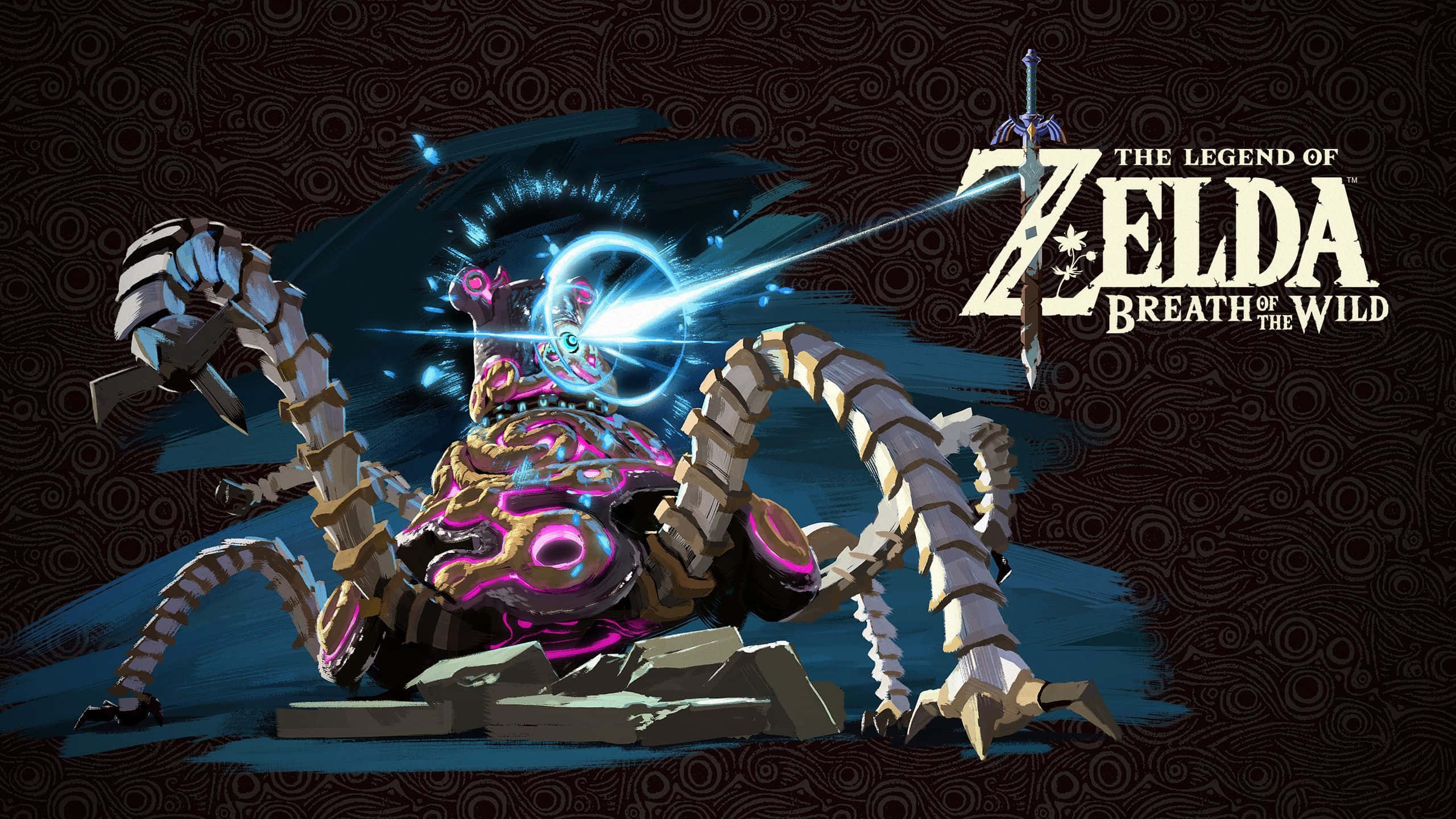 Breath Of The Wild 桌布 壁紙 — 來自《薩爾達傳說 曠野之息》的發光紫色和金色機械蜘蛛型頭目，在深色圖案背景上發射藍色能量光束。