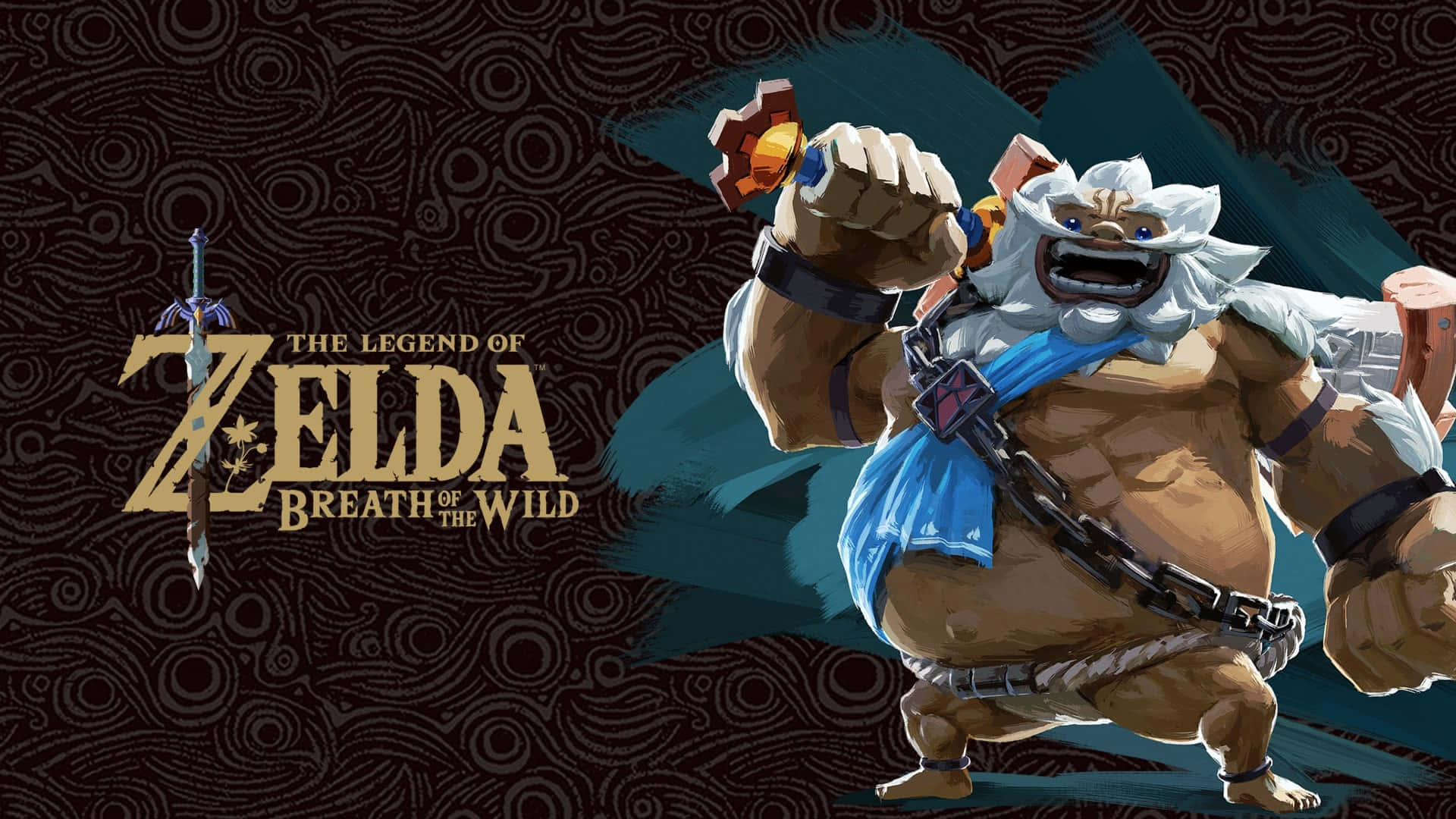 The Legend Of Zelda Daruk 桌布 壁紙 — 來自《薩爾達傳說 曠野之息》的肌肉發達、白髮加儂多夫，在深色圖案背景前揮舞著尖刺棍棒咆哮。