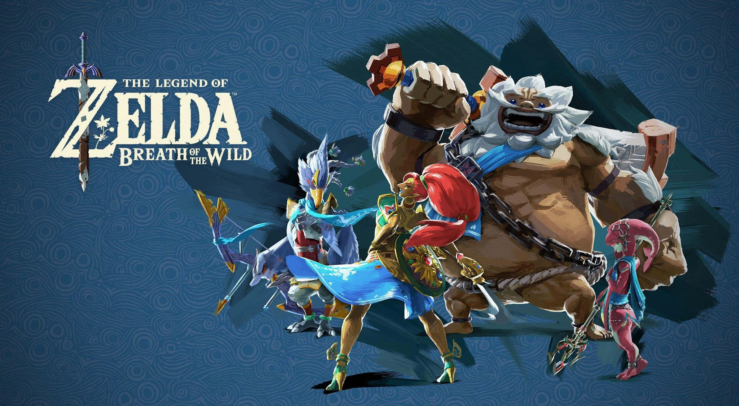The Legend Of Zelda Daruk 桌布 壁紙 — 來自《薩爾達傳說 曠野之息》的英雄林克與盟友以動態姿勢站在有圖案的藍色背景前。