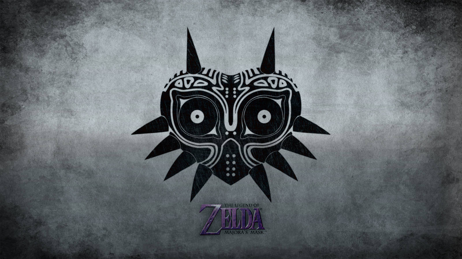 Majora's Mask 桌布 壁紙 — 來自《薩爾達傳說》的穆修拉面具，以鮮明的黑色漂浮在粗糙的灰色紋理背景上。