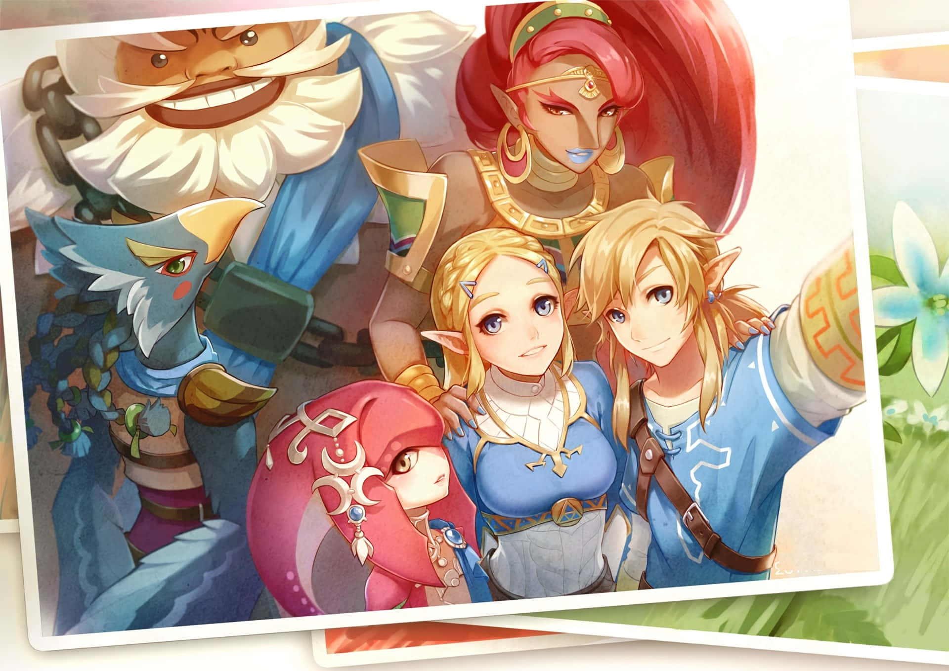 The Legend Of Zelda Daruk 桌布 壁紙 — 來自《薩爾達傳說》系列的林克、薩爾達和盟友以動漫風格一起擺出歡樂表情的充滿活力的團體自拍。