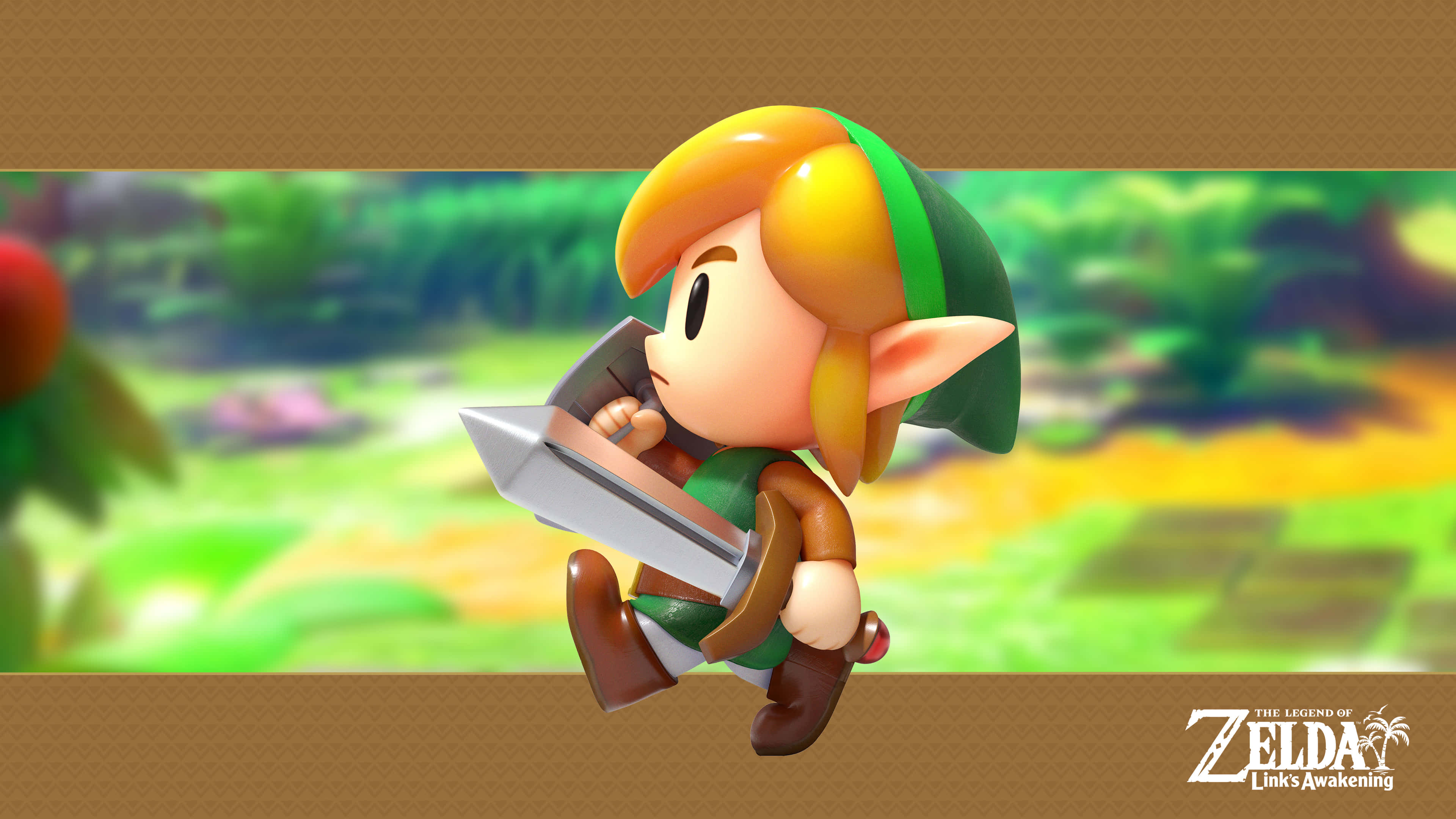 Toon Link 桌布 壁紙 — 來自《薩爾達傳說 織夢島》的Q版林克在生機勃勃的綠色草地上方跳躍，手持劍，背景樹葉模糊。